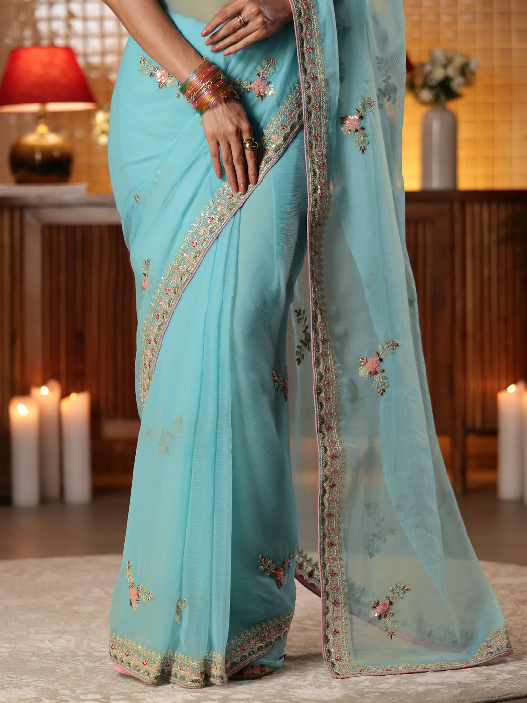  Blue Floral Embroidered Silk Blend Saree 