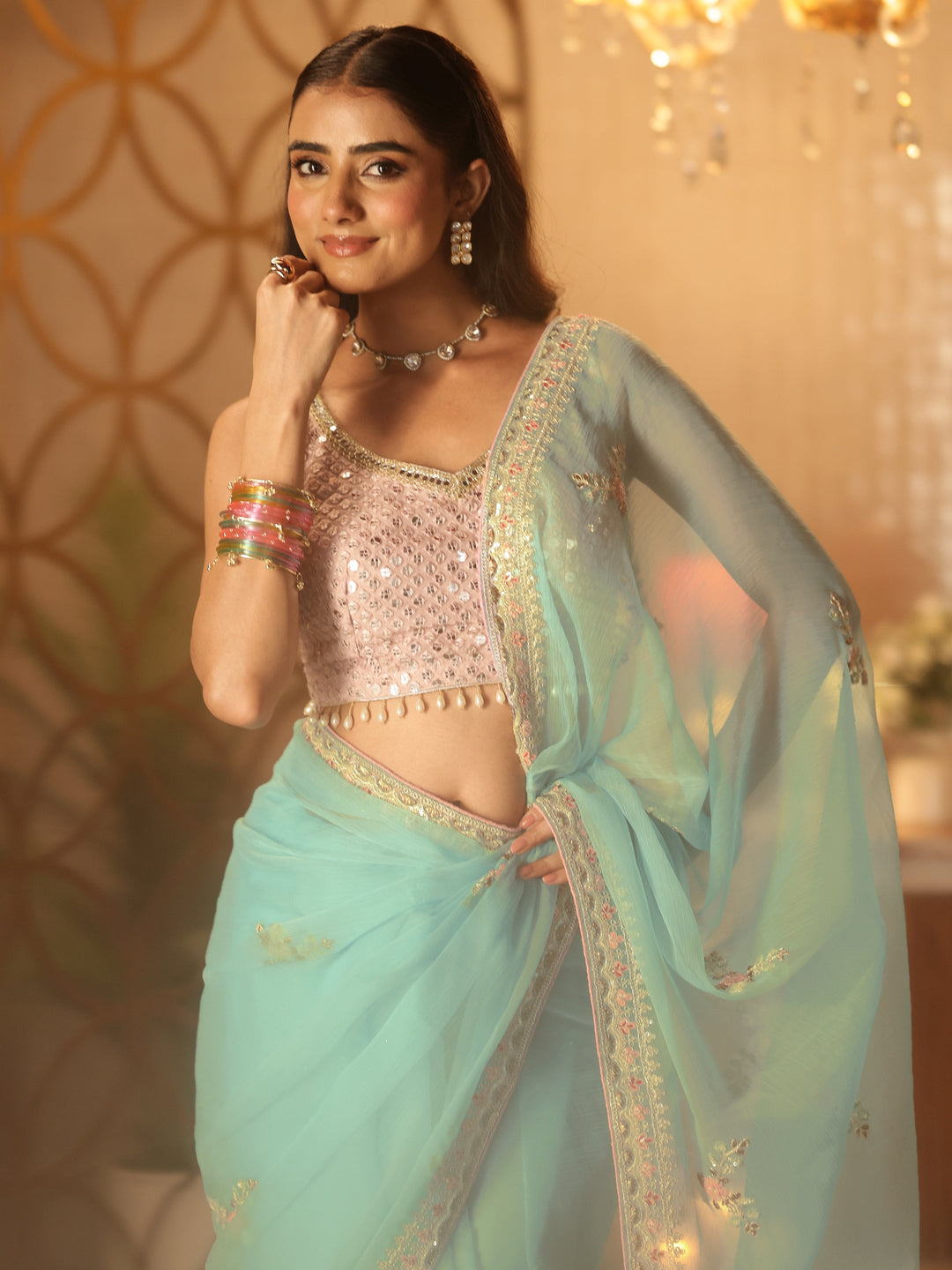  Blue Floral Embroidered Silk Blend Saree 