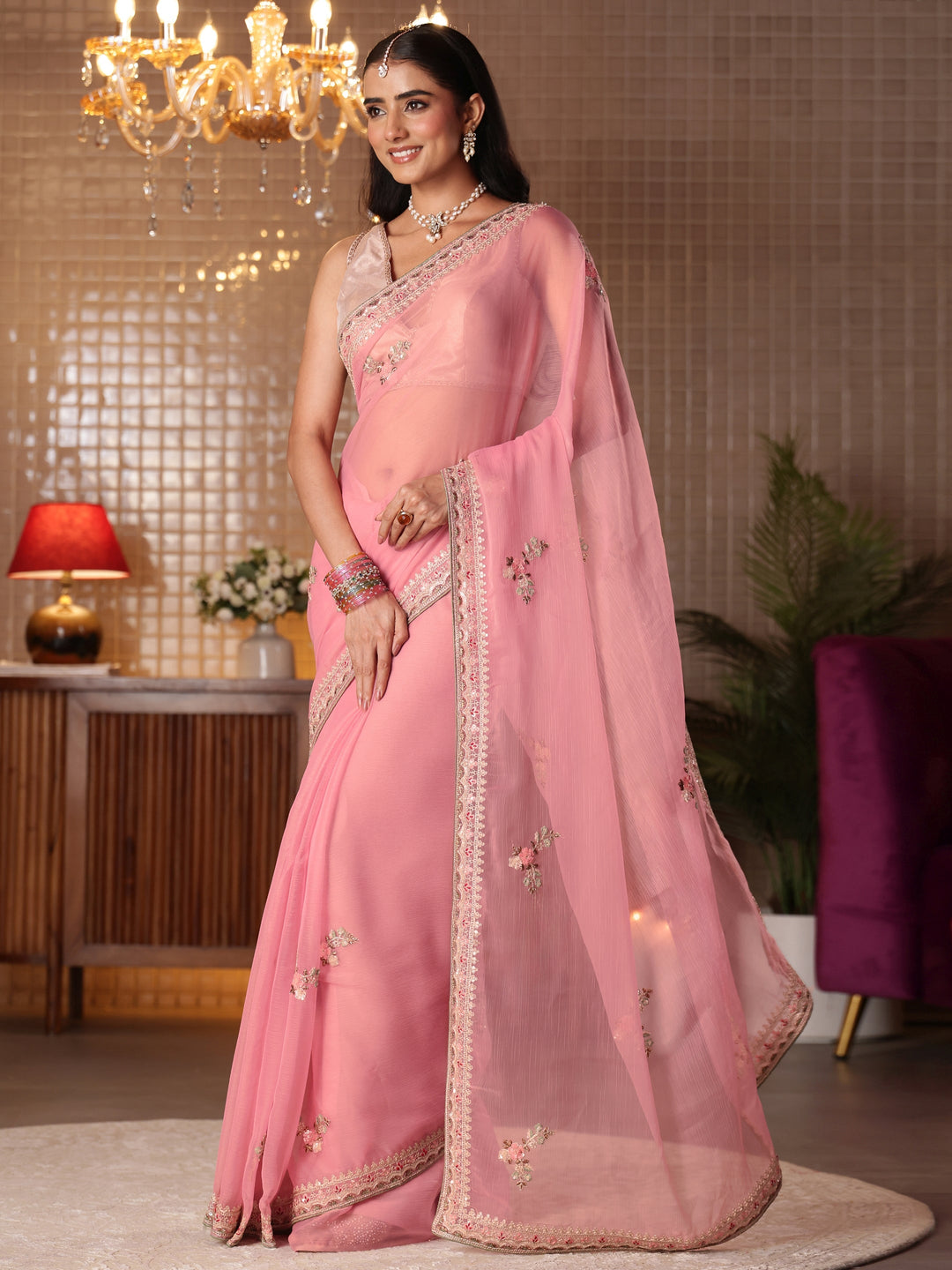  Pink Floral Embroidered Silk Blend Saree 