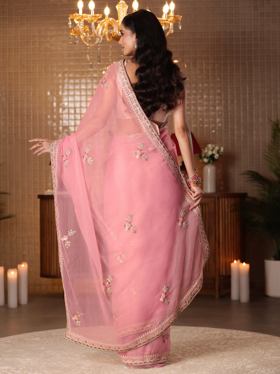  Pink Floral Embroidered Silk Blend Saree 