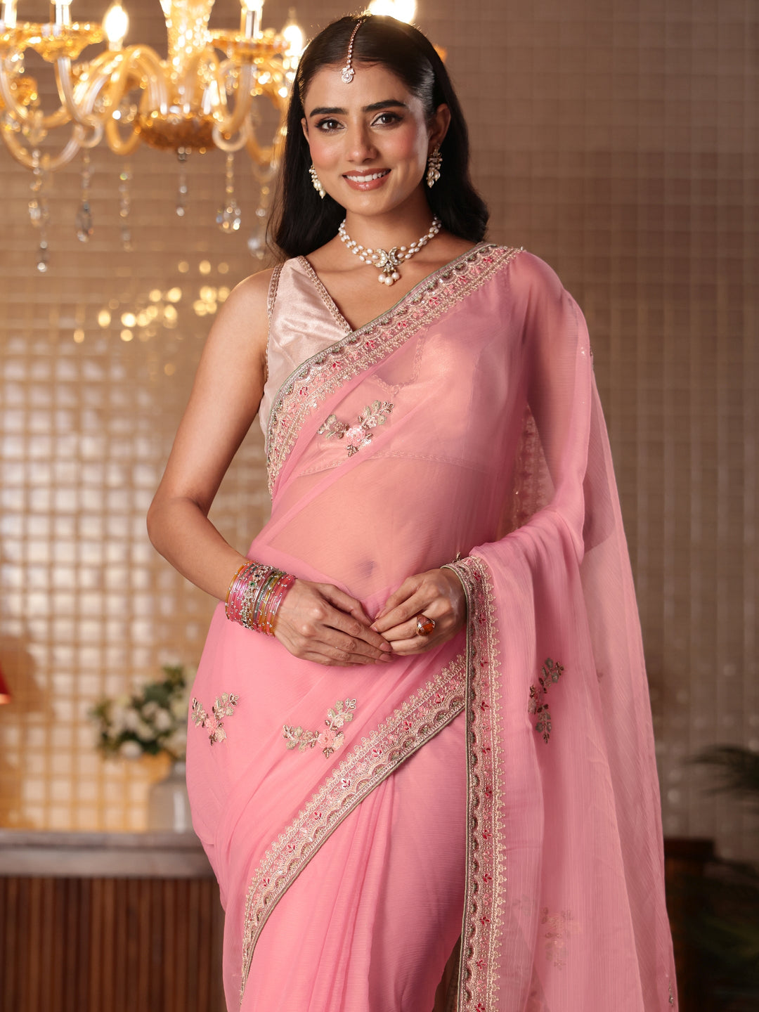  Pink Floral Embroidered Silk Blend Saree 