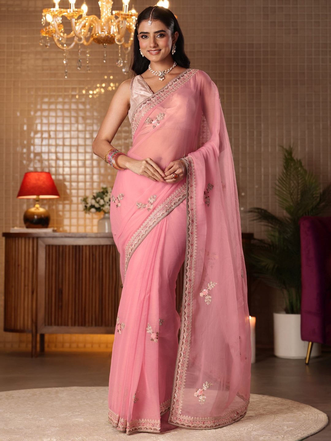  Pink Floral Embroidered Silk Blend Saree 