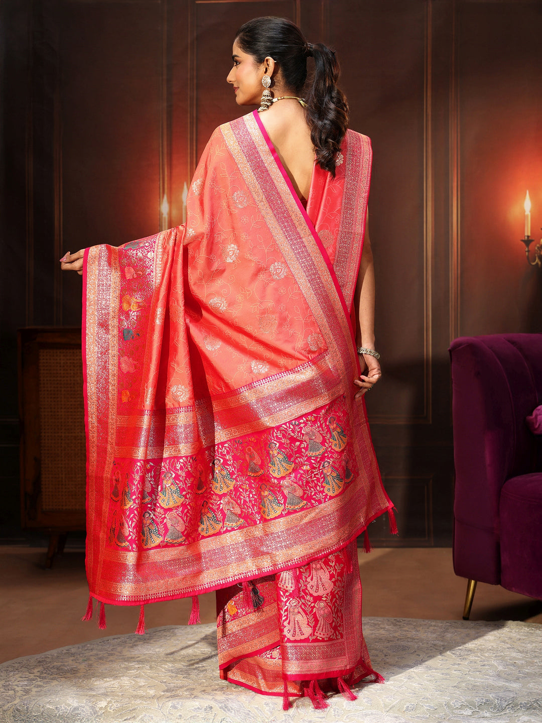  Libas Coral Pink Banarasi Silk Blend Saree 