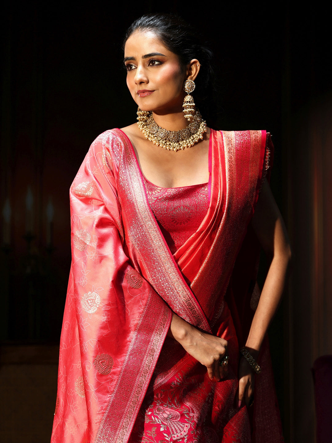  Libas Coral Pink Banarasi Silk Blend Saree 