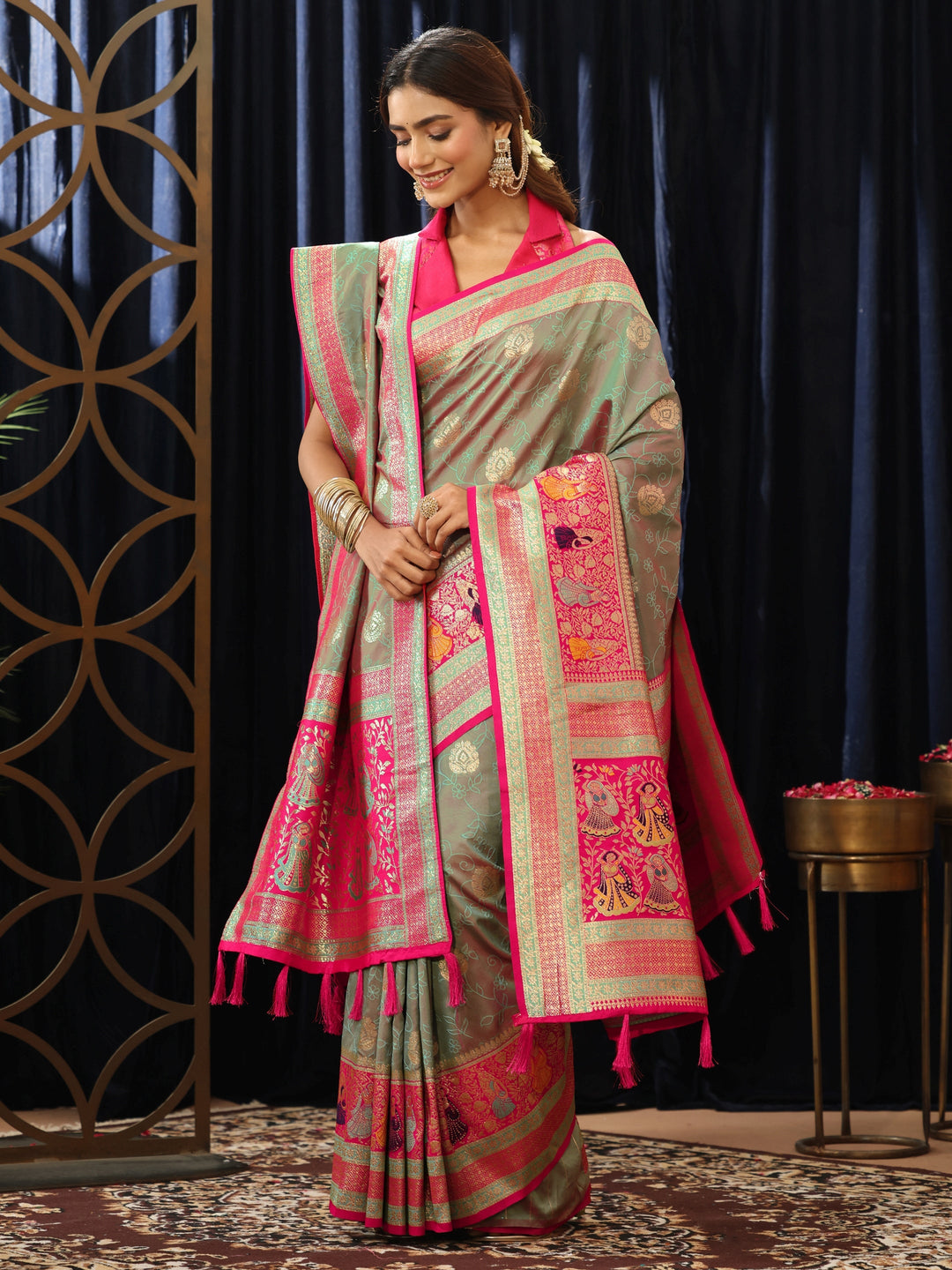  Grey Baluchari Silk Blend Saree with Dupatta 