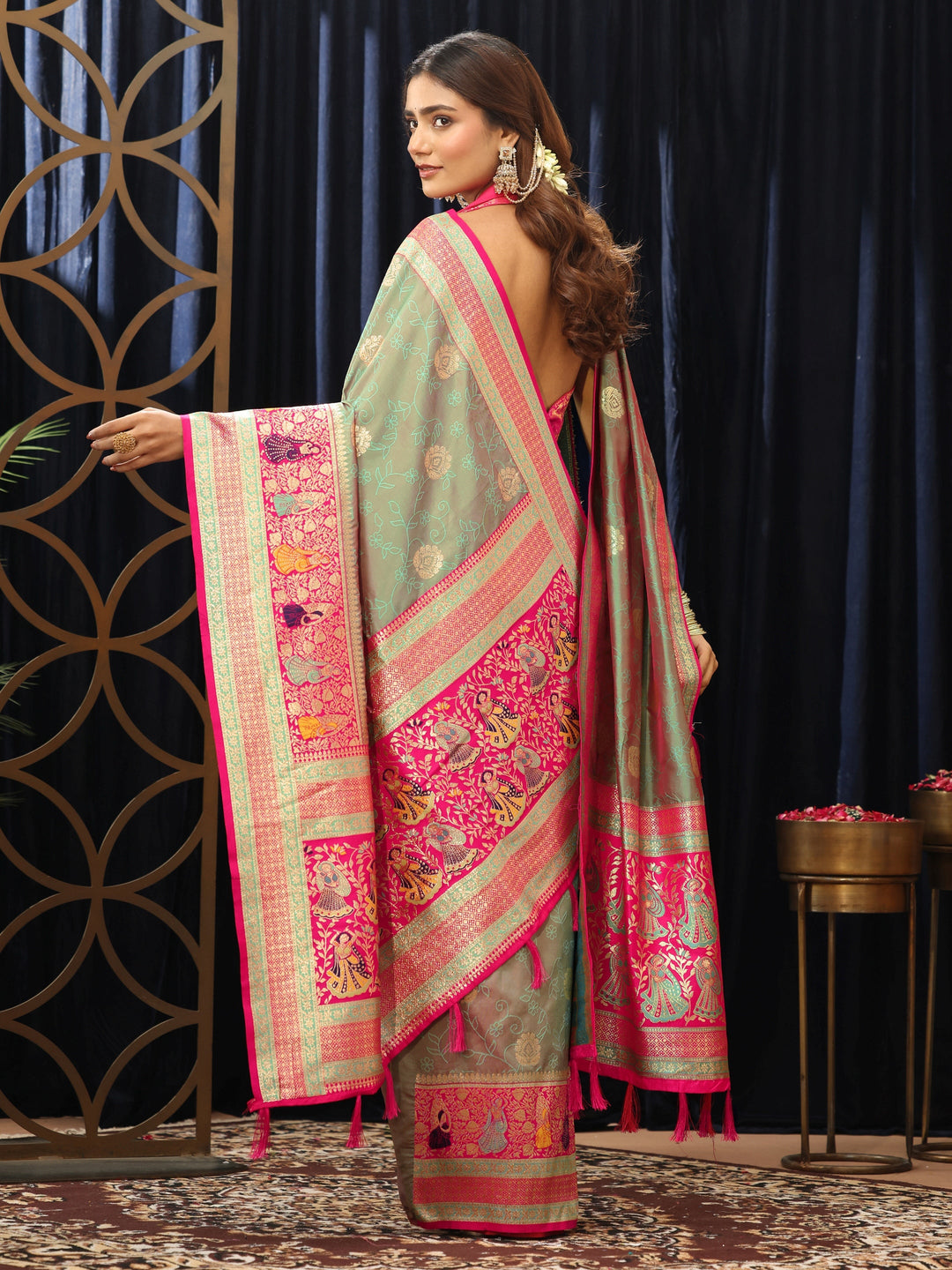  Grey Baluchari Silk Blend Saree with Dupatta 