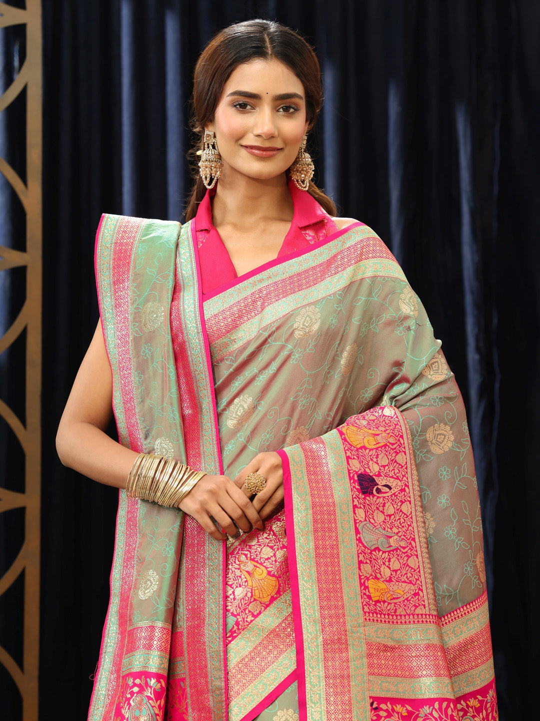  Grey Baluchari Silk Blend Saree with Dupatta 