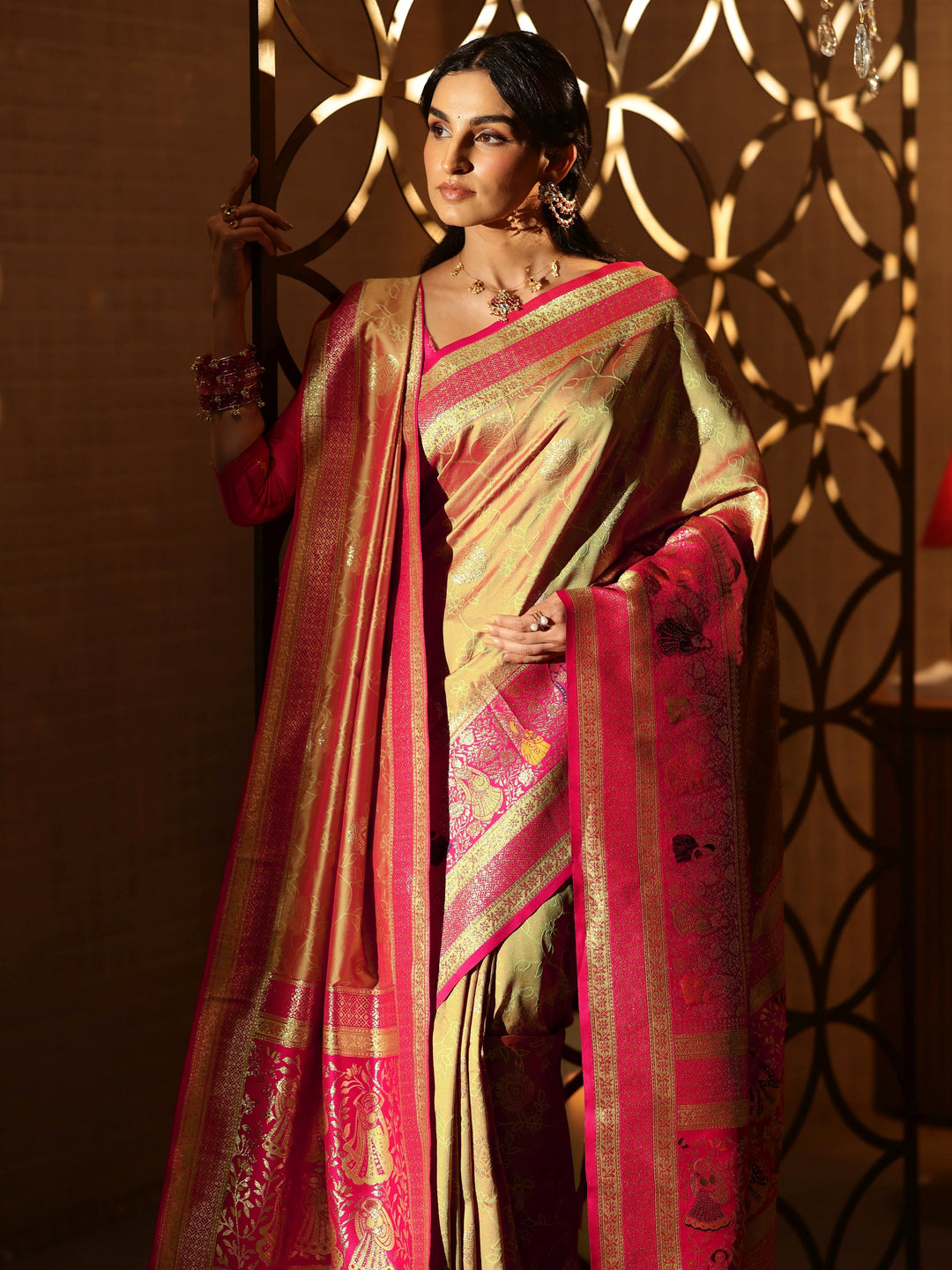  Mustard Floral Woven Design Silk Blend Saree 