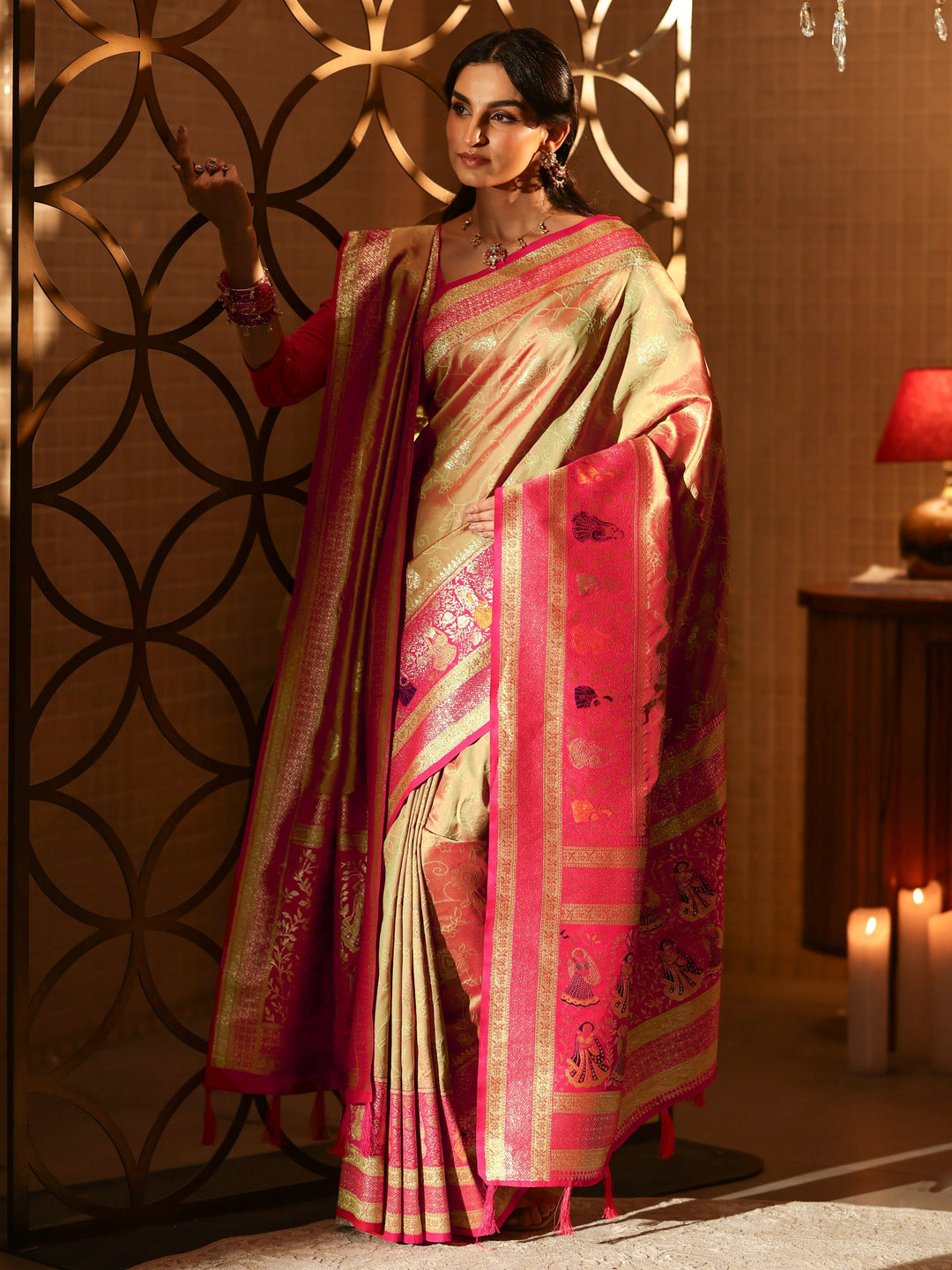  Mustard Floral Woven Design Silk Blend Saree 