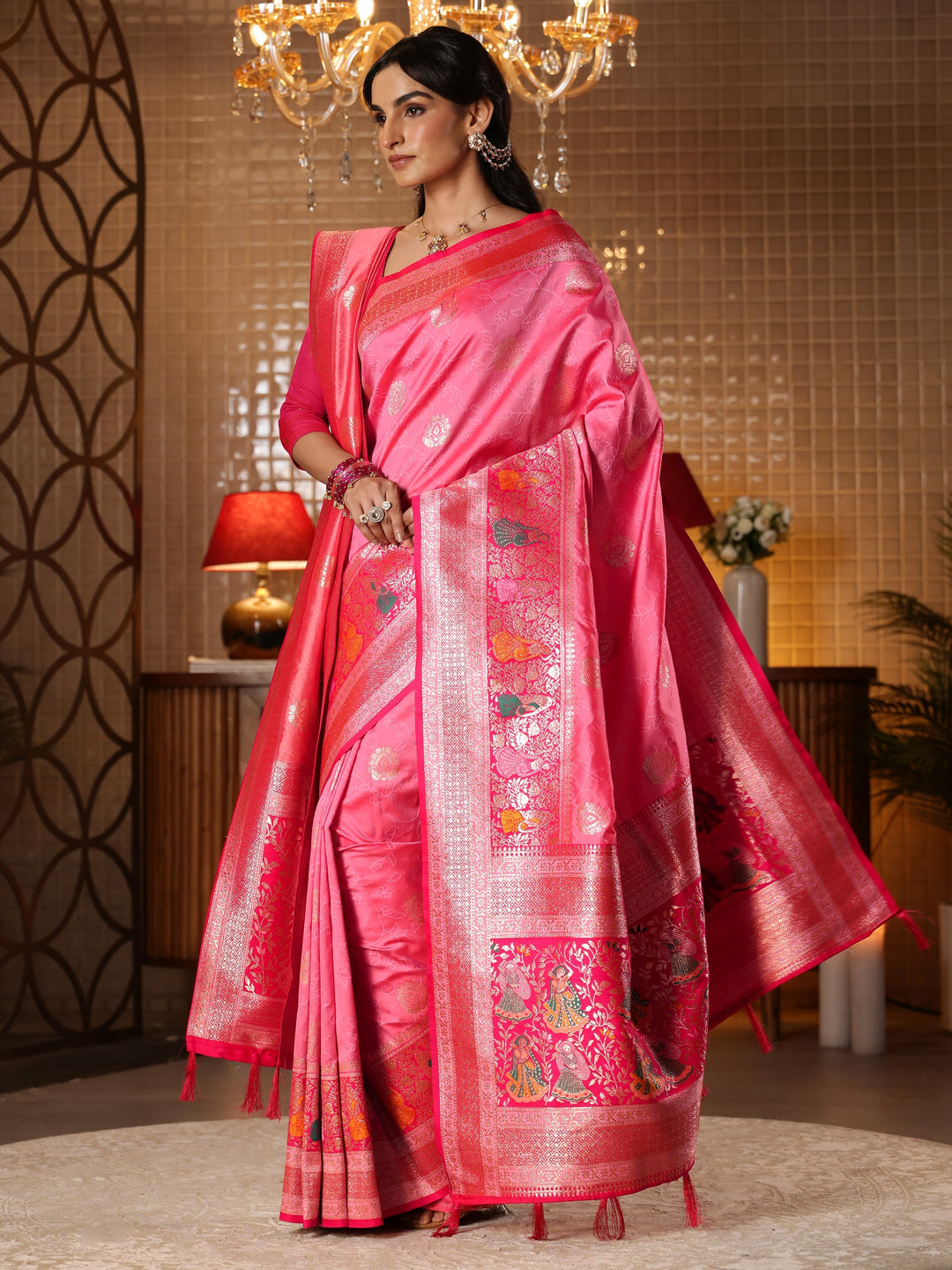  Pink Floral Woven Design Silk Blend Saree 