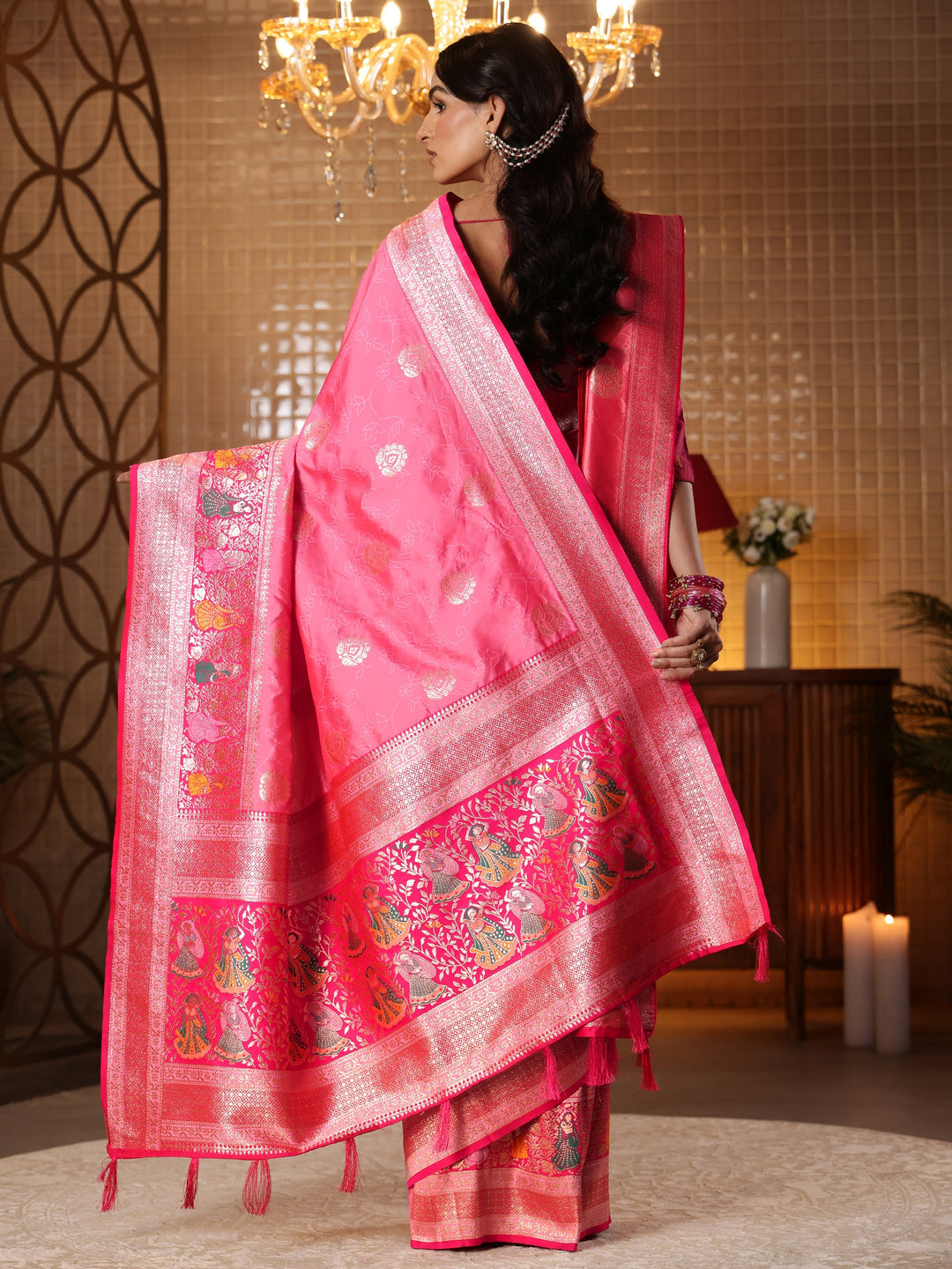  Pink Floral Woven Design Silk Blend Saree 