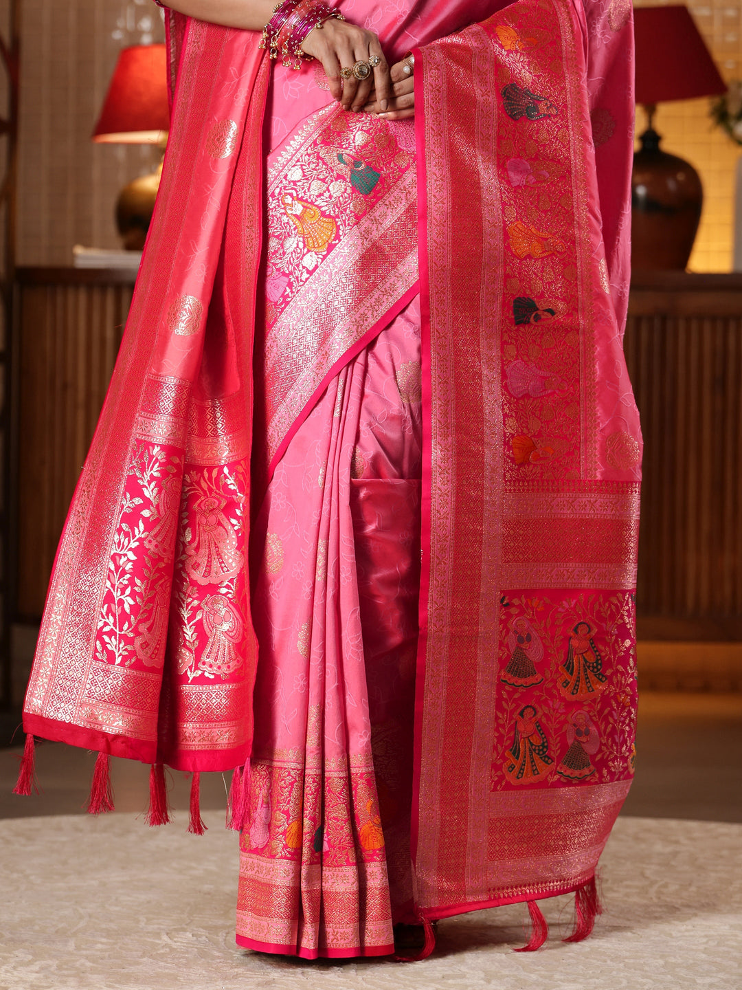  Pink Floral Woven Design Silk Blend Saree 