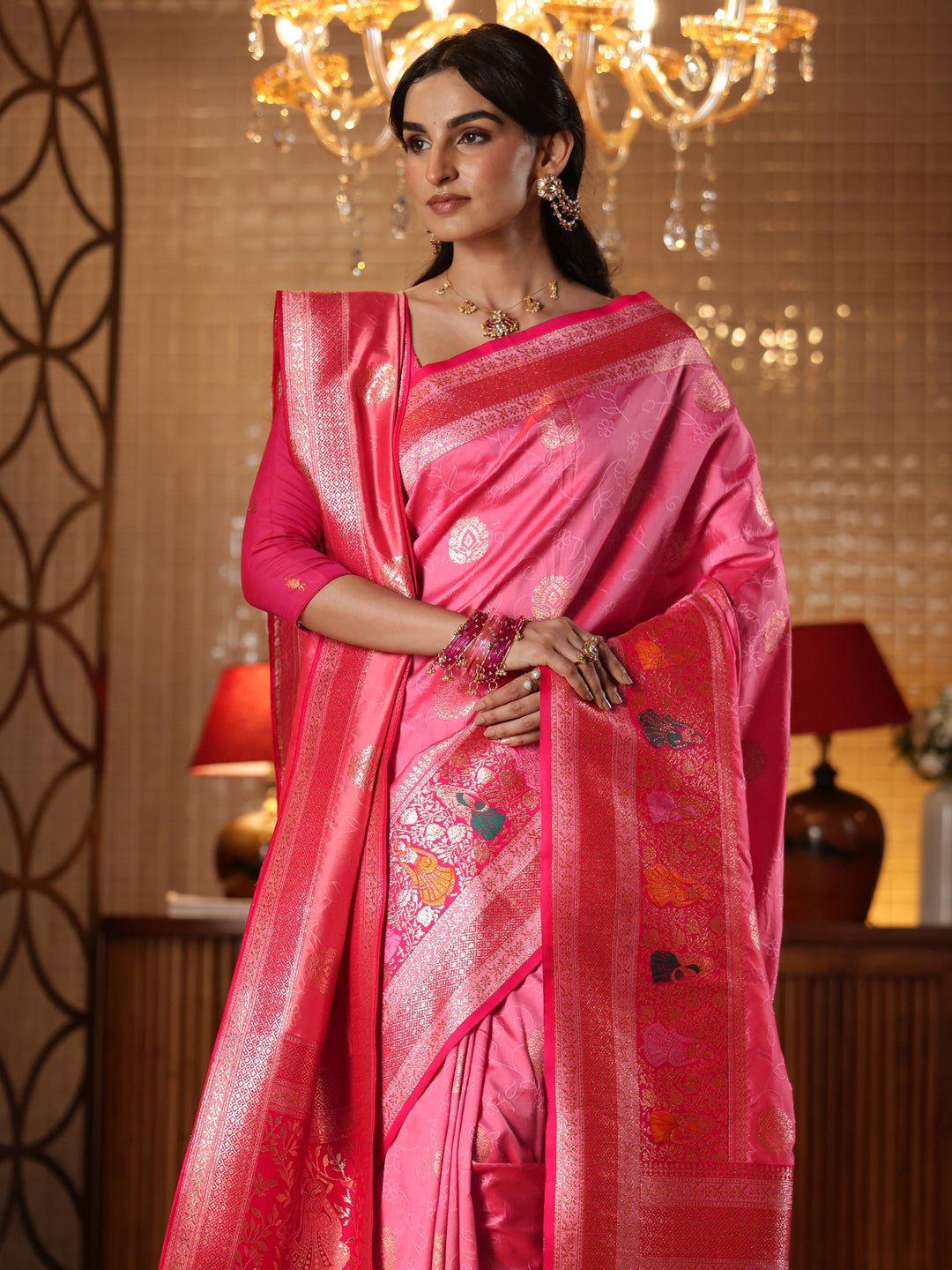  Pink Floral Woven Design Silk Blend Saree 