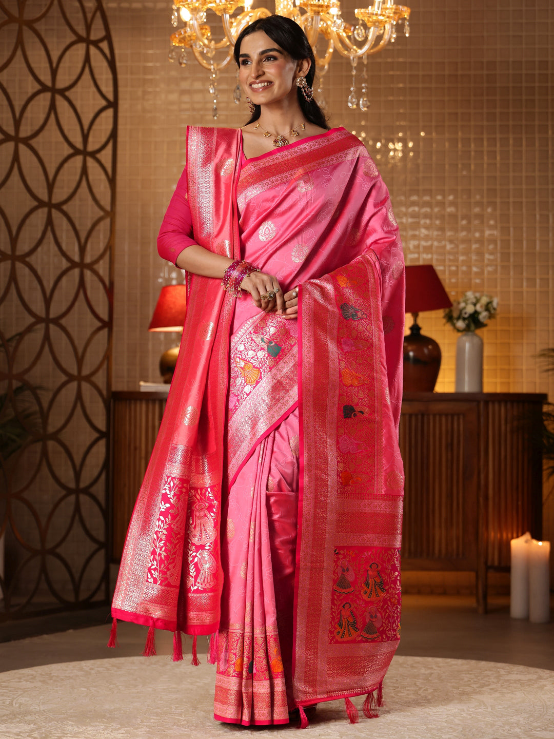  Pink Floral Woven Design Silk Blend Saree 