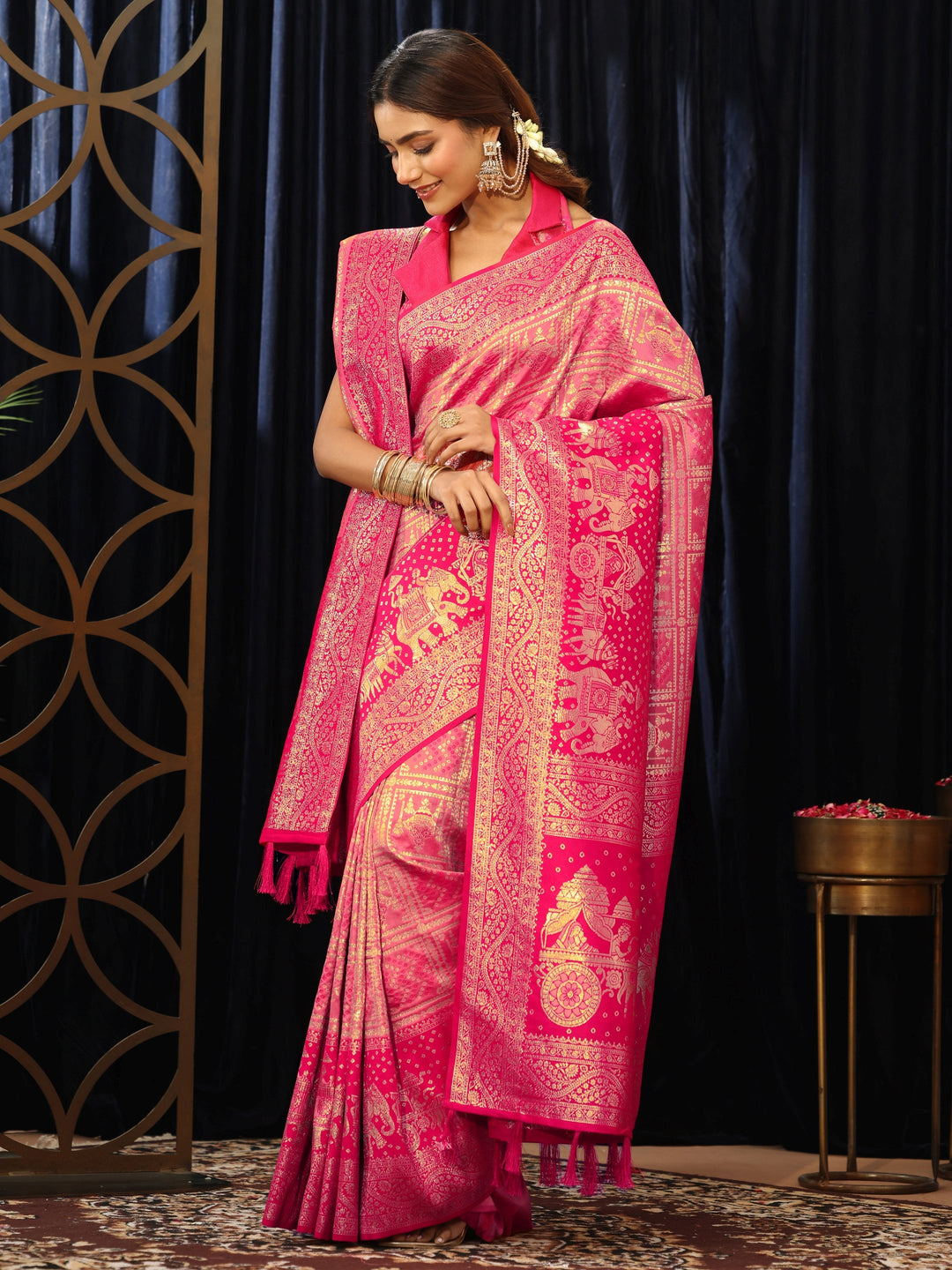  Hot Pink Gharchola Silk Blend Saree with Dupatta 