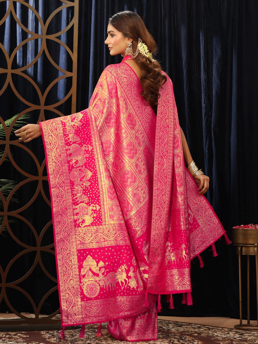  Hot Pink Gharchola Silk Blend Saree with Dupatta 