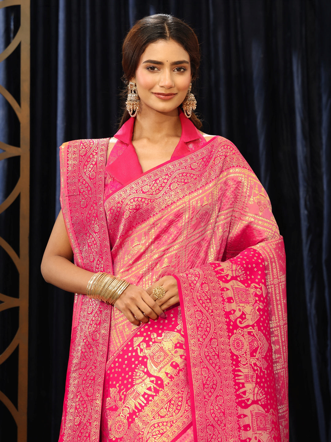  Hot Pink Gharchola Silk Blend Saree with Dupatta 