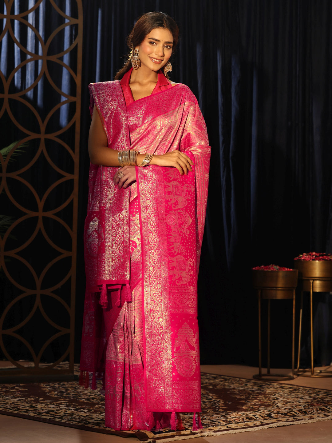  Hot Pink Gharchola Silk Blend Saree with Dupatta 