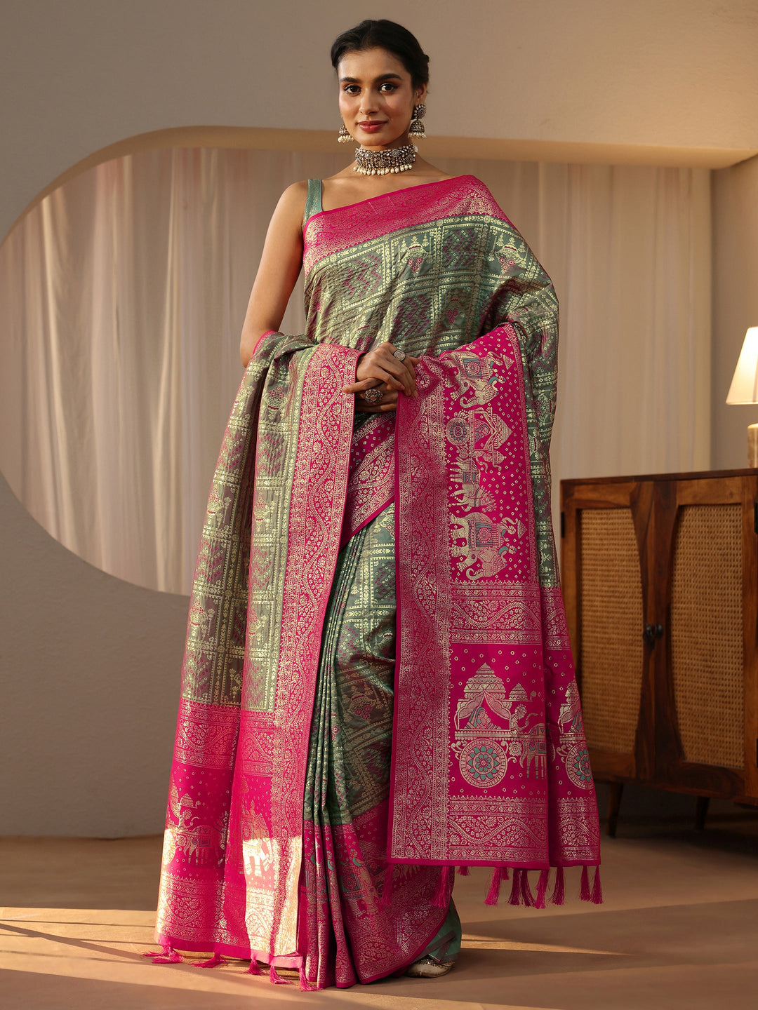  Grey Gharchola Silk Blend Saree 
