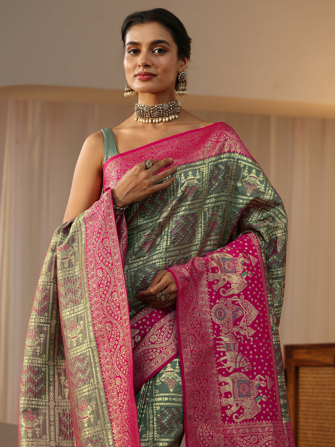  Grey Gharchola Silk Blend Saree 
