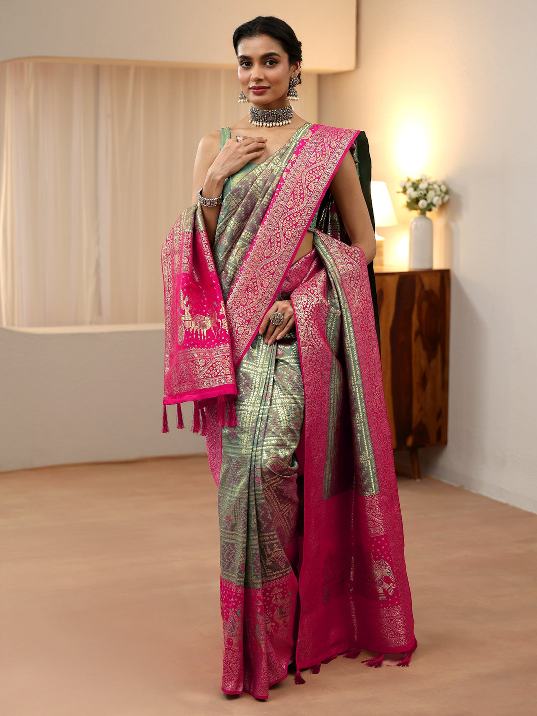  Grey Gharchola Silk Blend Saree 