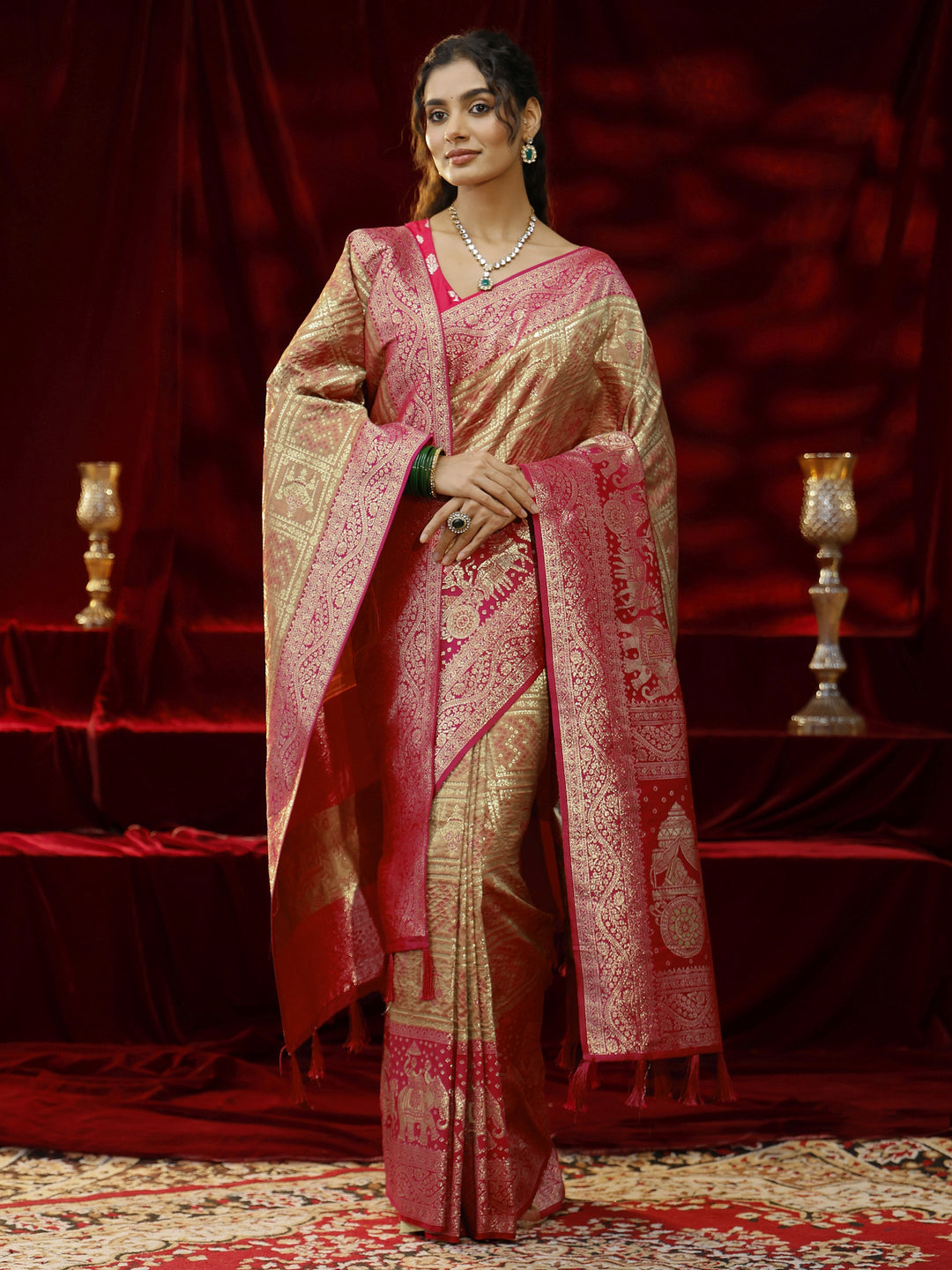  Libas Mustard Badhani Woven Design Silk blend Saree with dupatta 
