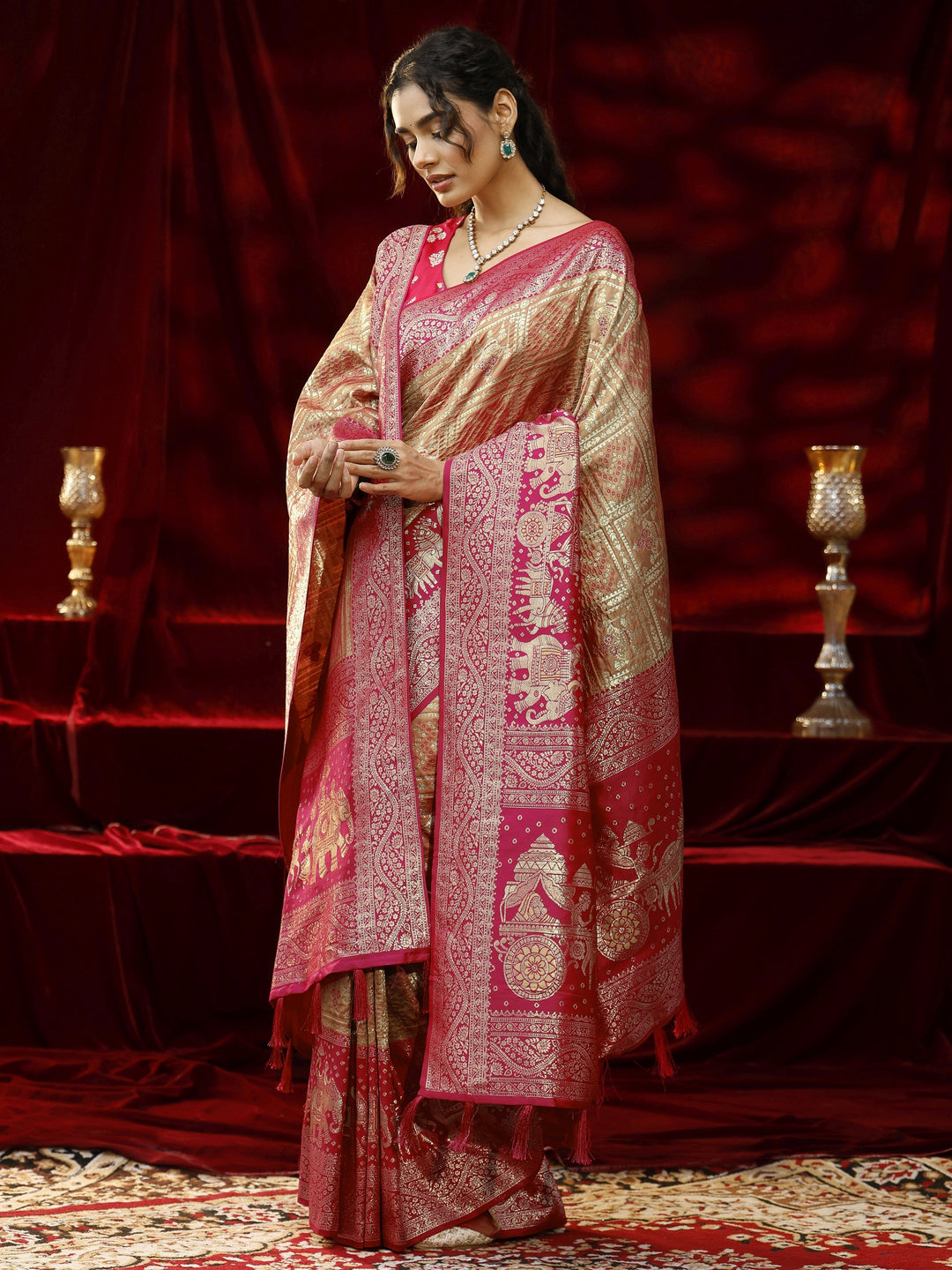  Libas Mustard Badhani Woven Design Silk blend Saree with dupatta 