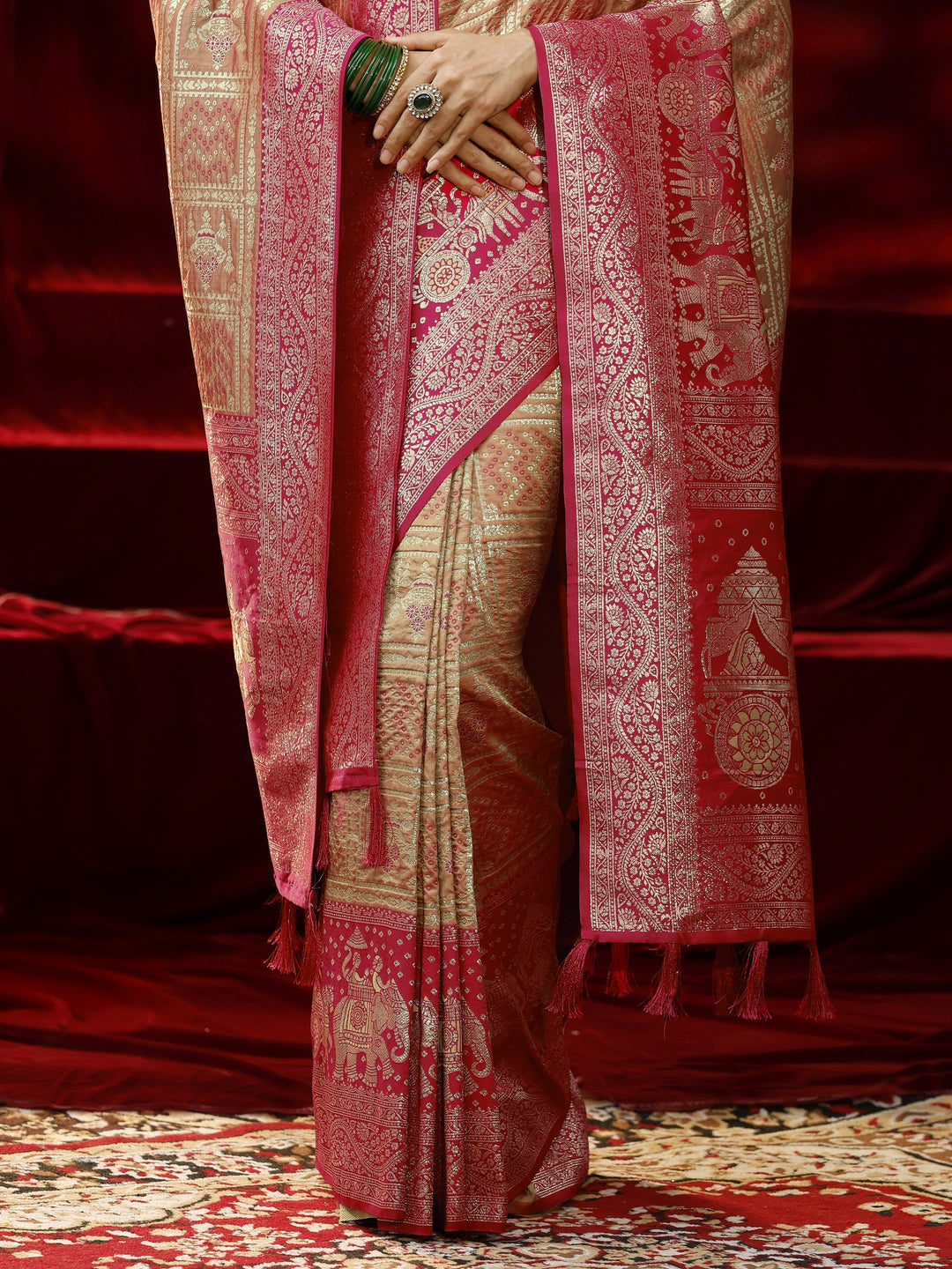  Libas Mustard Badhani Woven Design Silk blend Saree with dupatta 