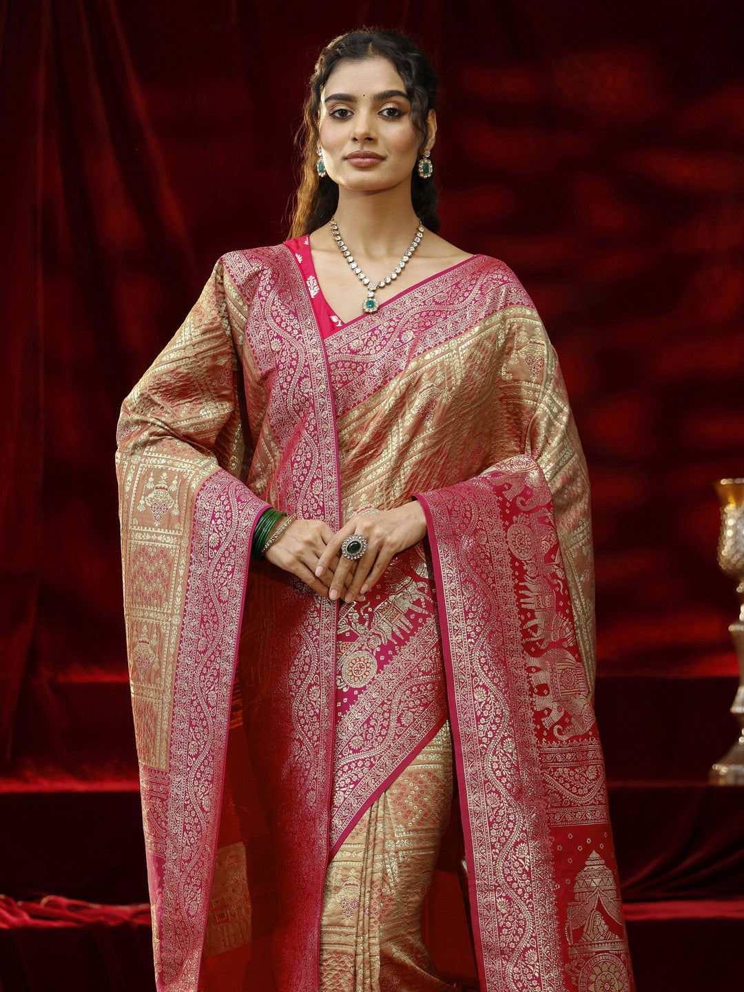  Libas Mustard Badhani Woven Design Silk blend Saree with dupatta 