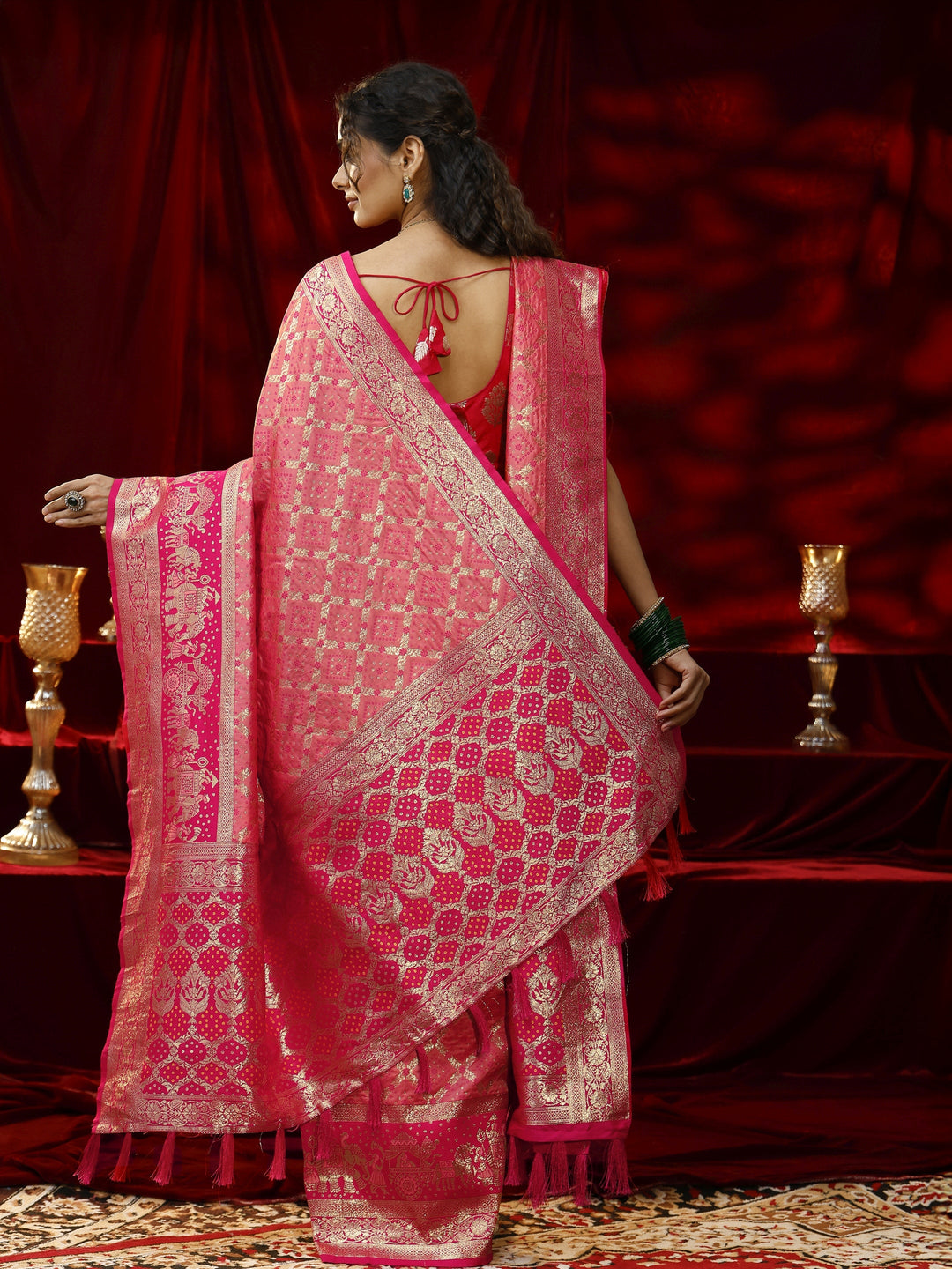  Libas Peach Badhani Woven Design Silk blend Saree with dupatta 