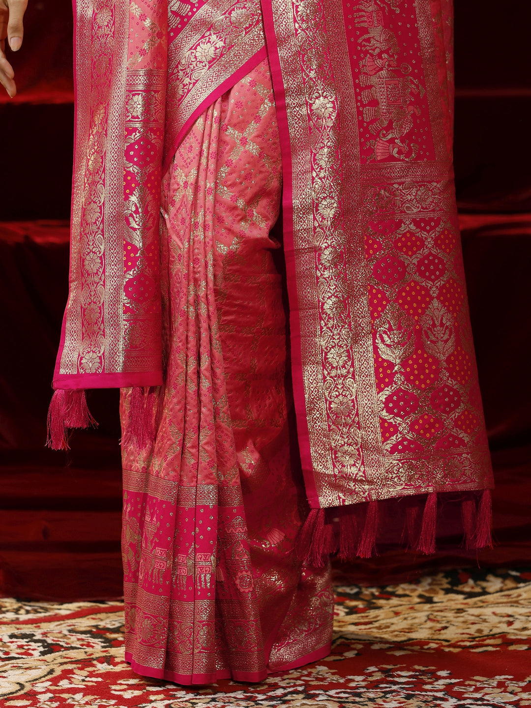  Libas Peach Badhani Woven Design Silk blend Saree with dupatta 