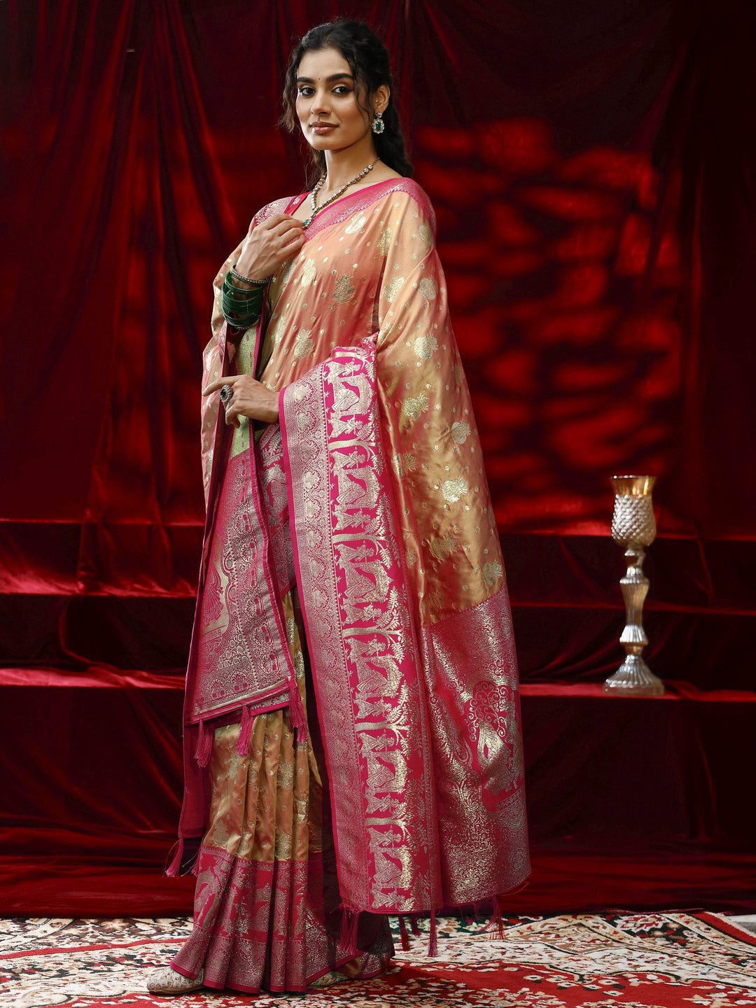  Libas Mustard Badhani Woven Design Silk blend Saree with dupatta 