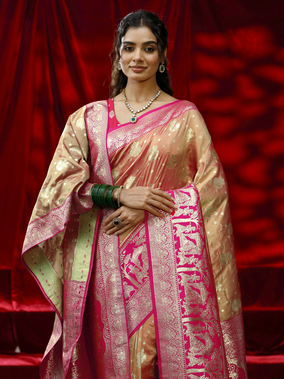  Libas Mustard Badhani Woven Design Silk blend Saree with dupatta 