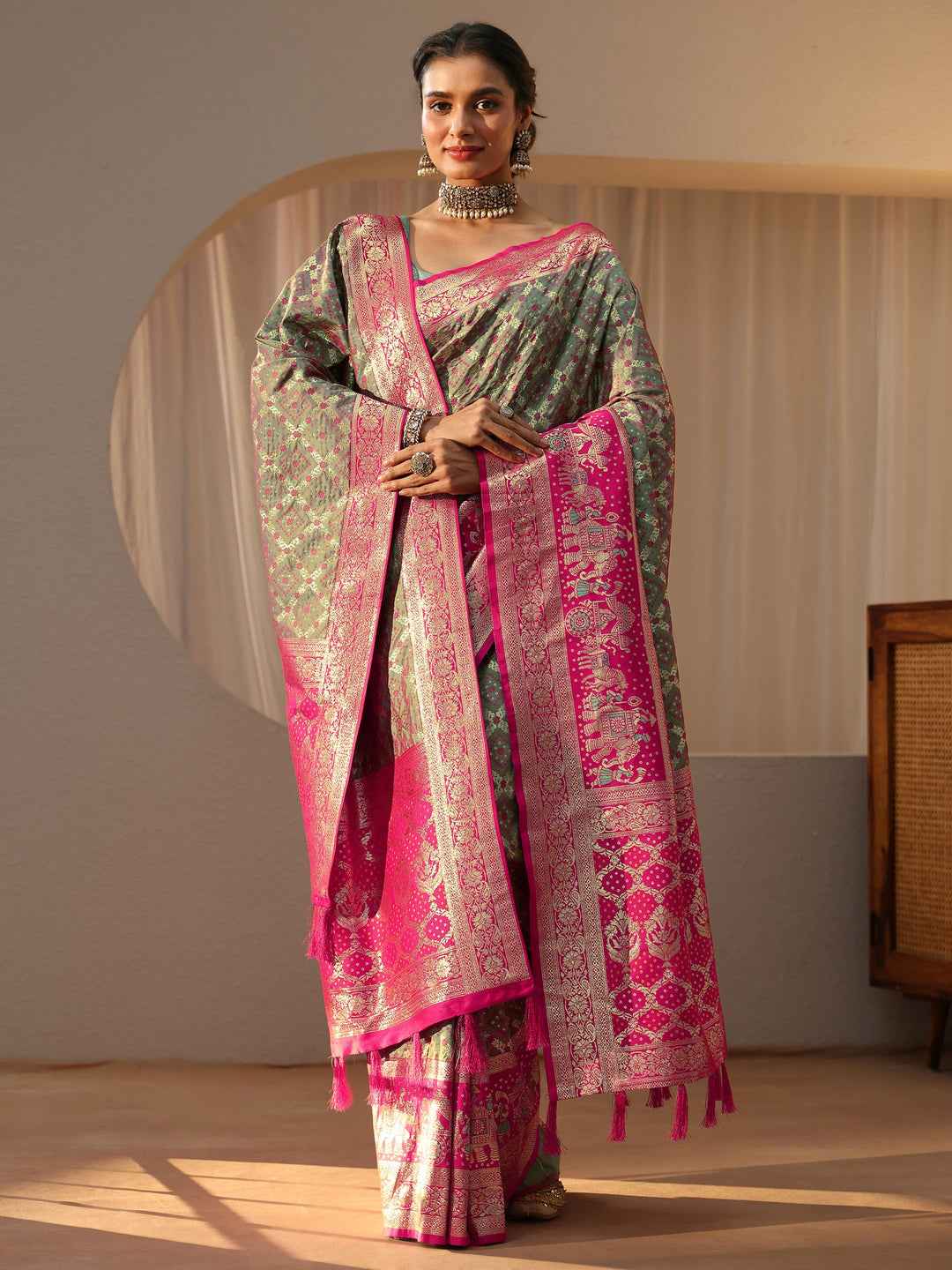  Grey Gharchola Silk Blend Saree 