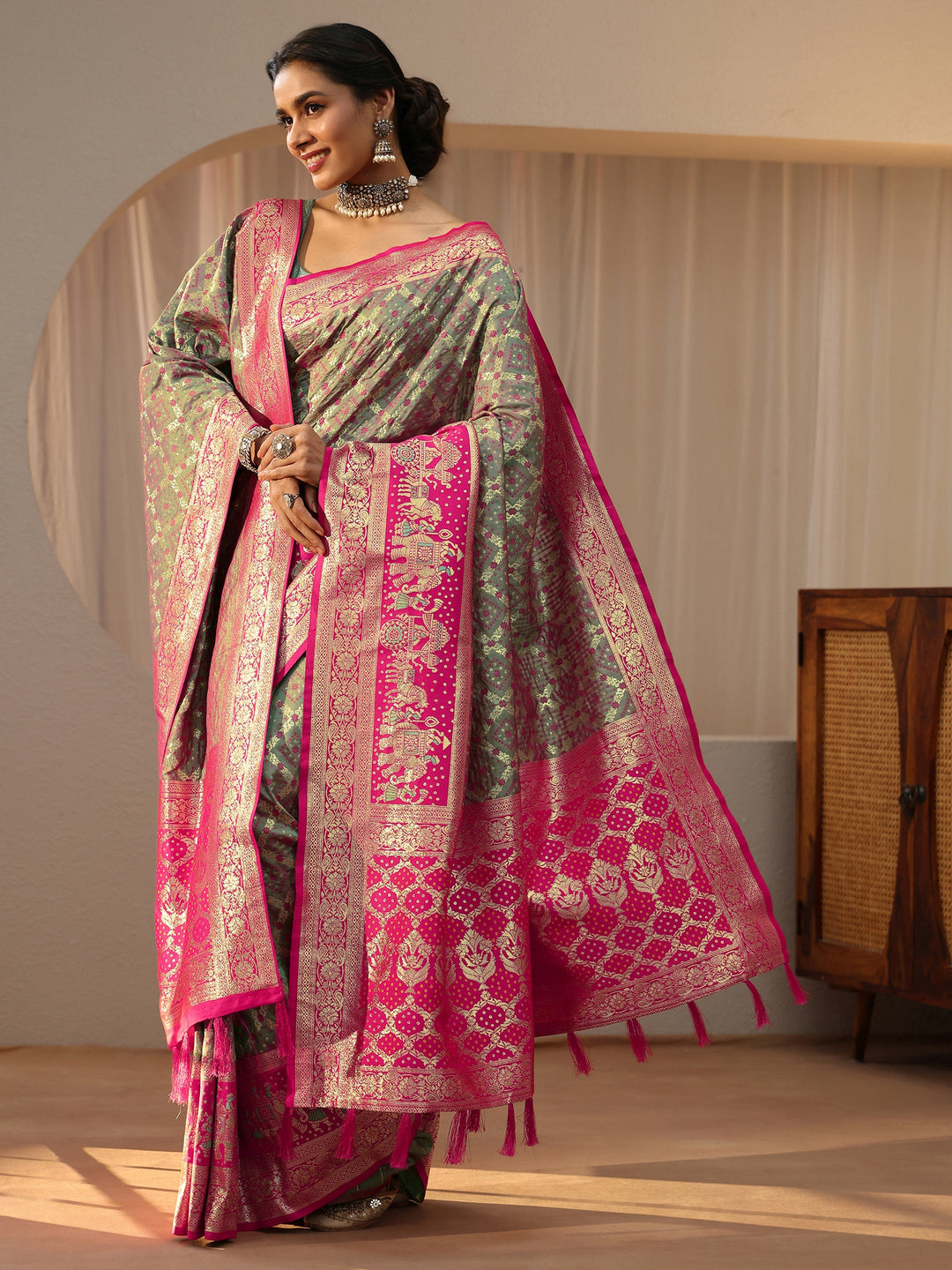  Grey Gharchola Silk Blend Saree 