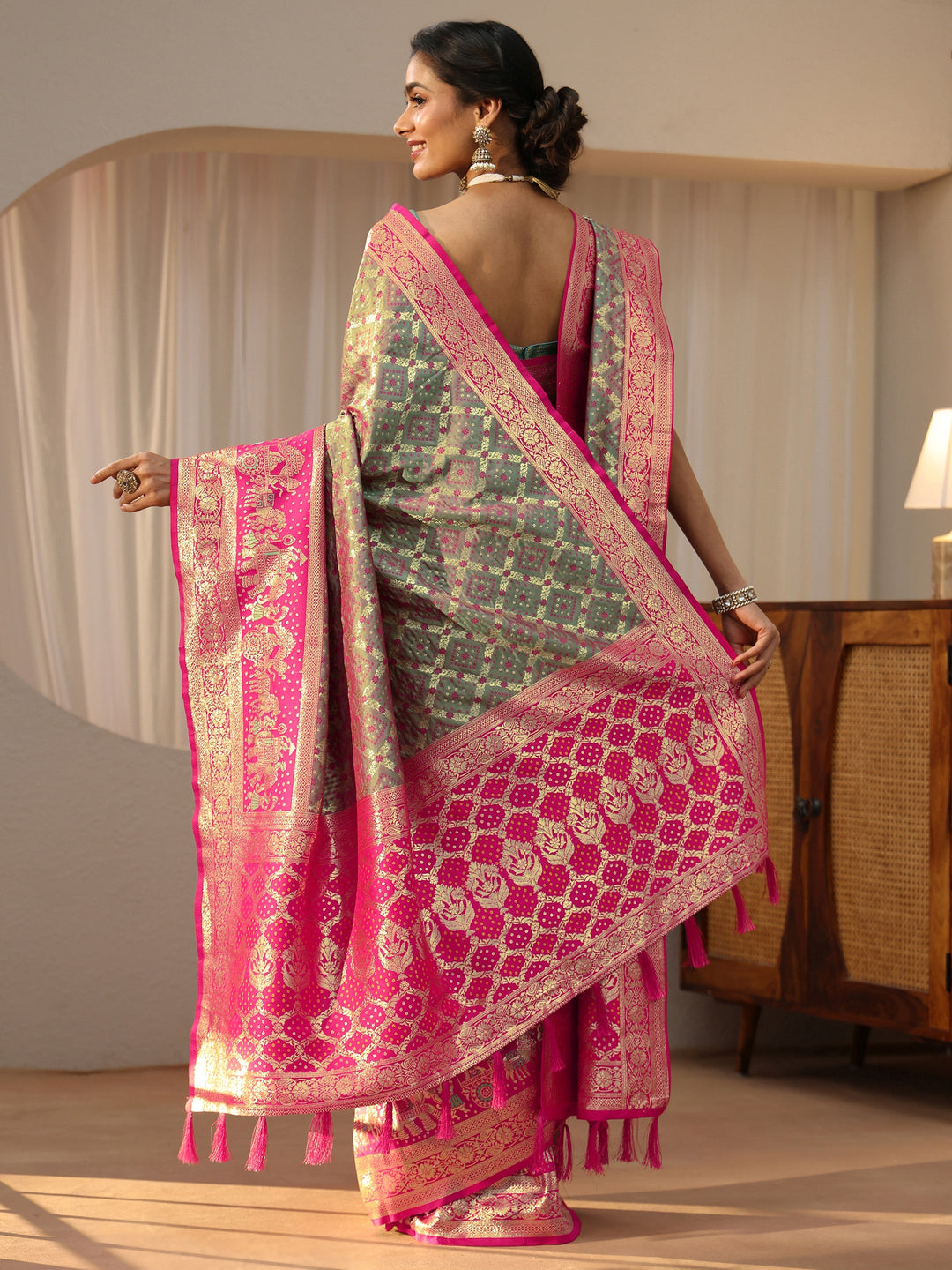  Grey Gharchola Silk Blend Saree 