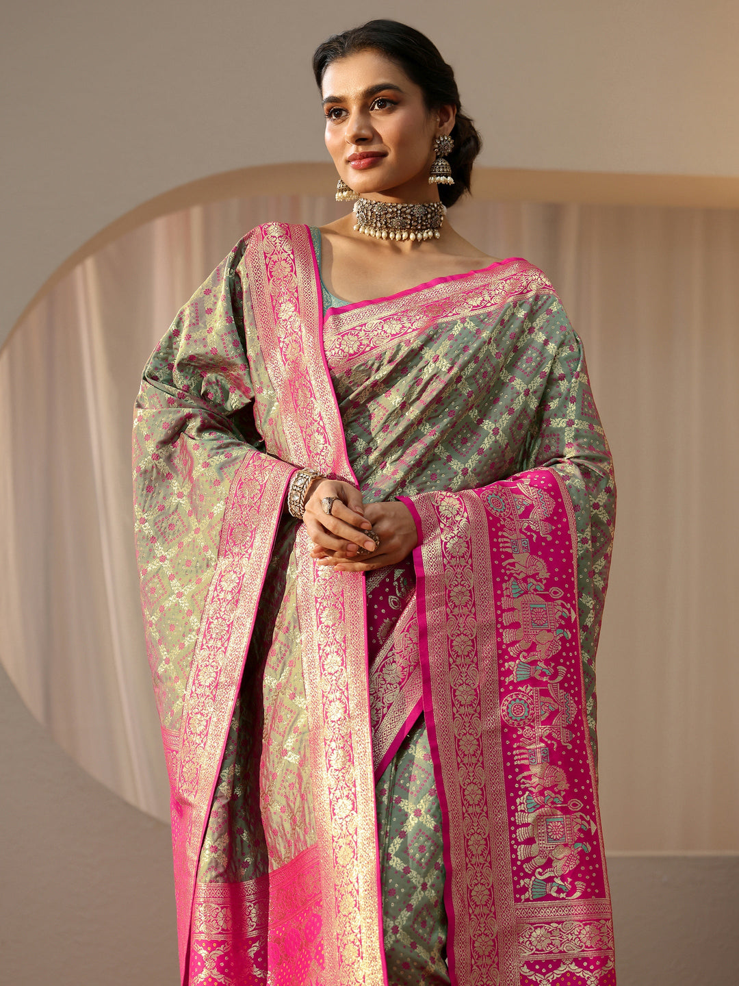  Grey Gharchola Silk Blend Saree 