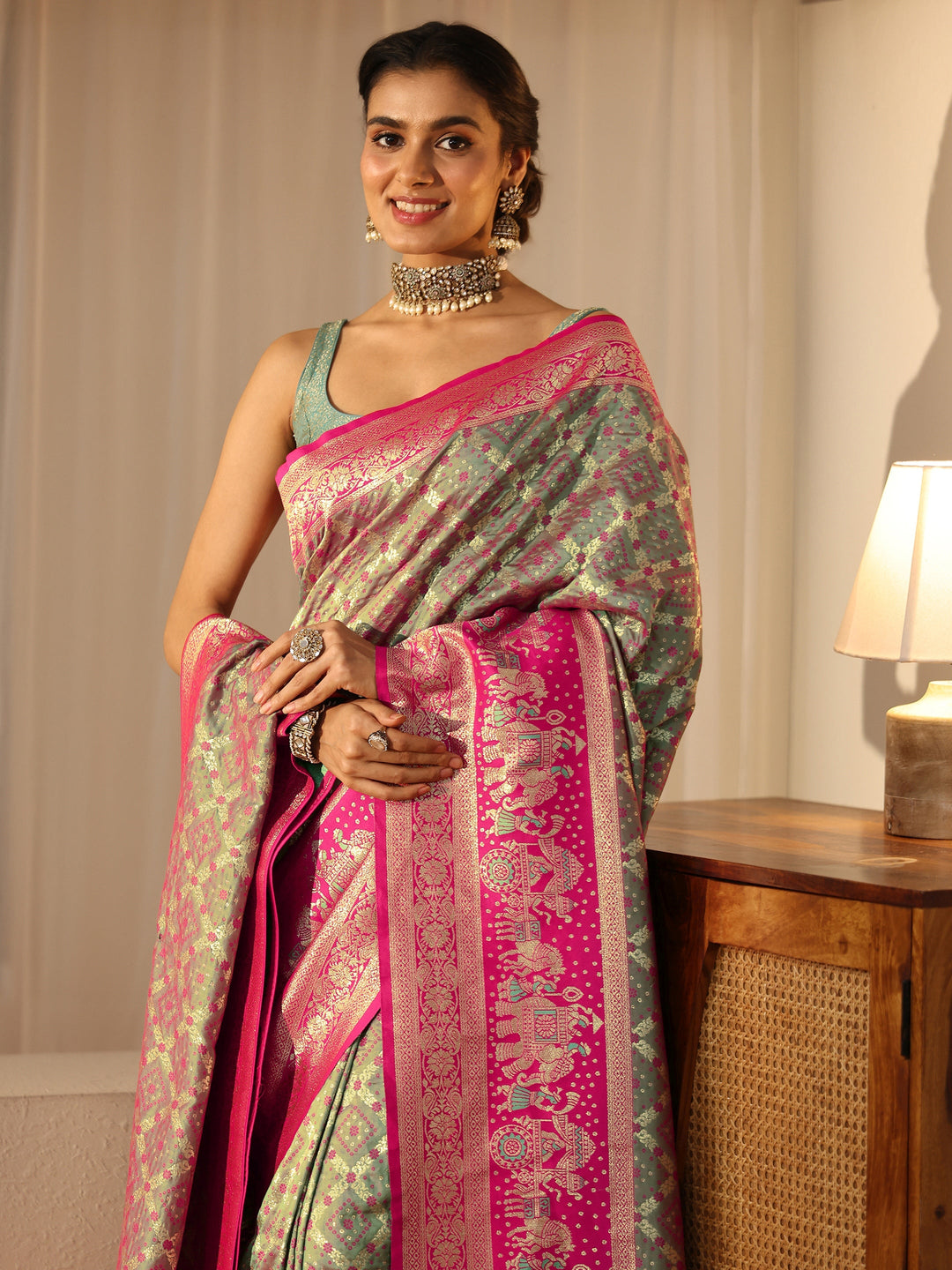  Grey Gharchola Silk Blend Saree 