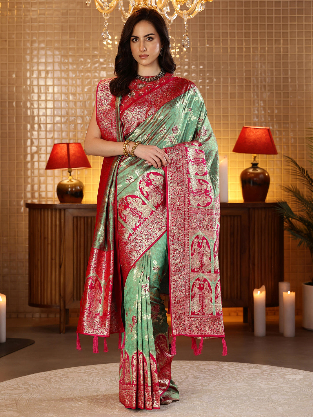  Sage Green Baluchari Silk Blend Saree with Dupatta 