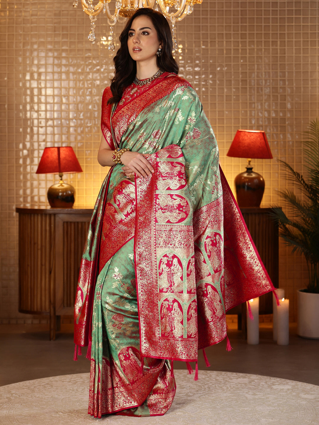  Sage Green Baluchari Silk Blend Saree with Dupatta 