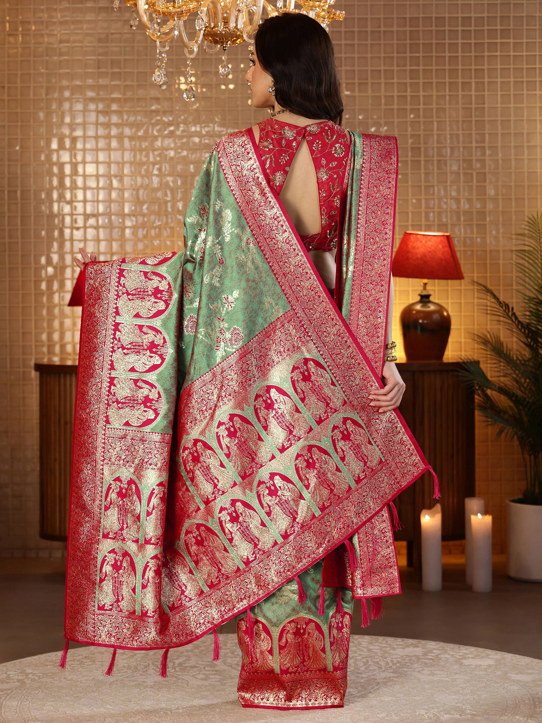  Sage Green Baluchari Silk Blend Saree with Dupatta 