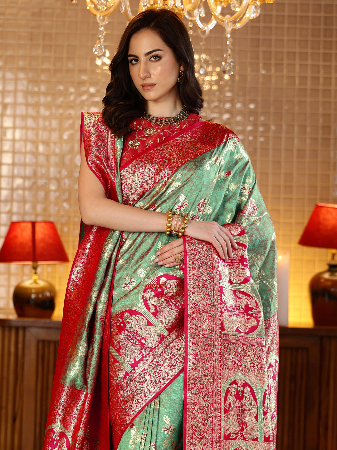  Sage Green Baluchari Silk Blend Saree with Dupatta 