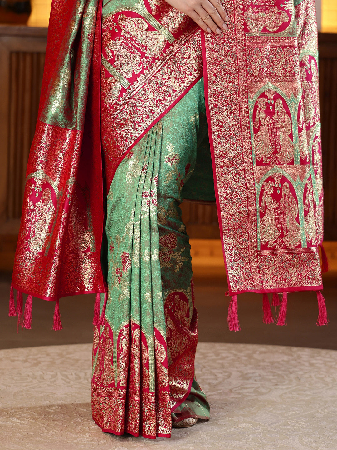  Sage Green Baluchari Silk Blend Saree with Dupatta 