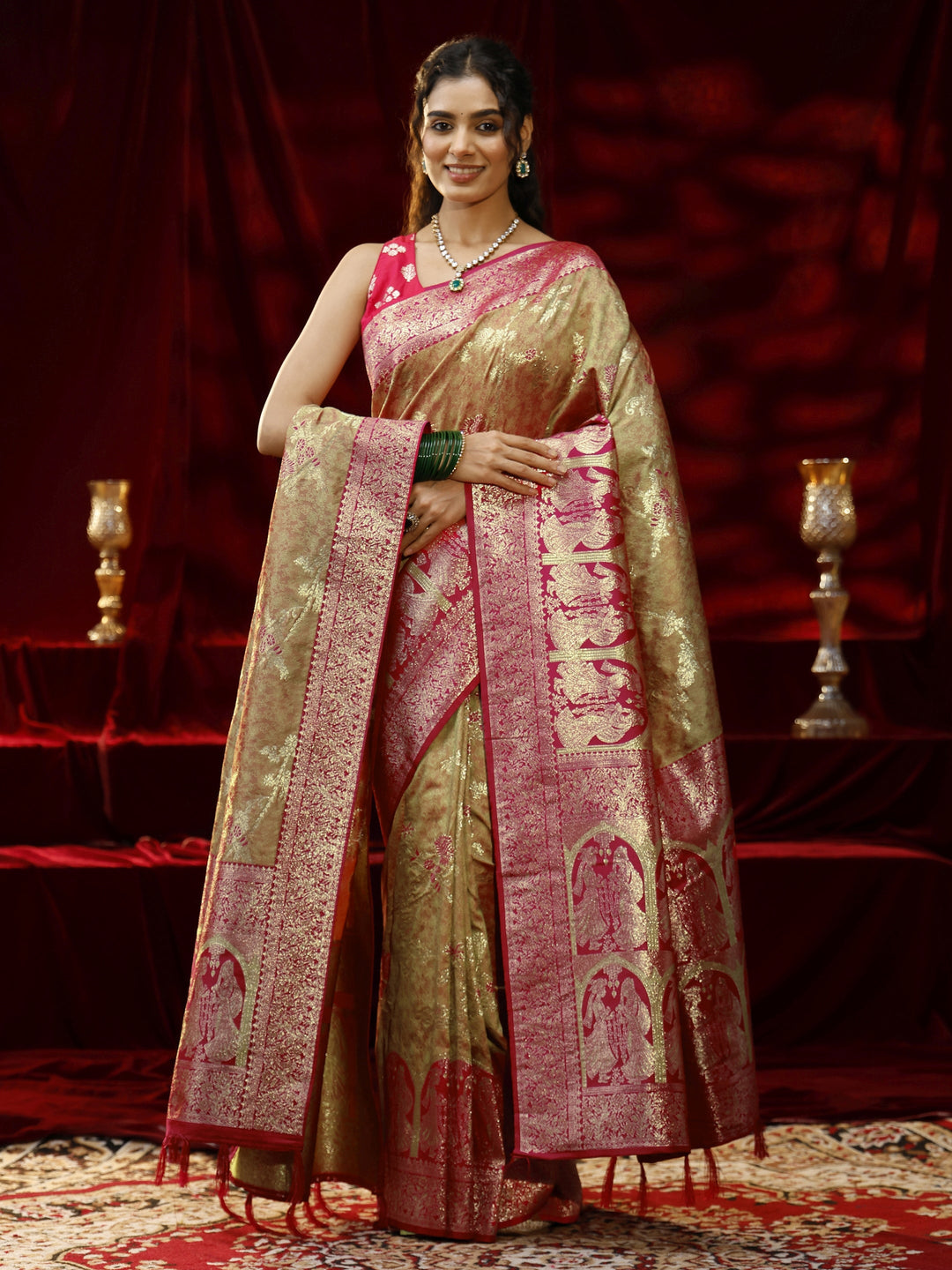  Libas Mustard Floral Woven Design Silk blend Saree with dupatta 