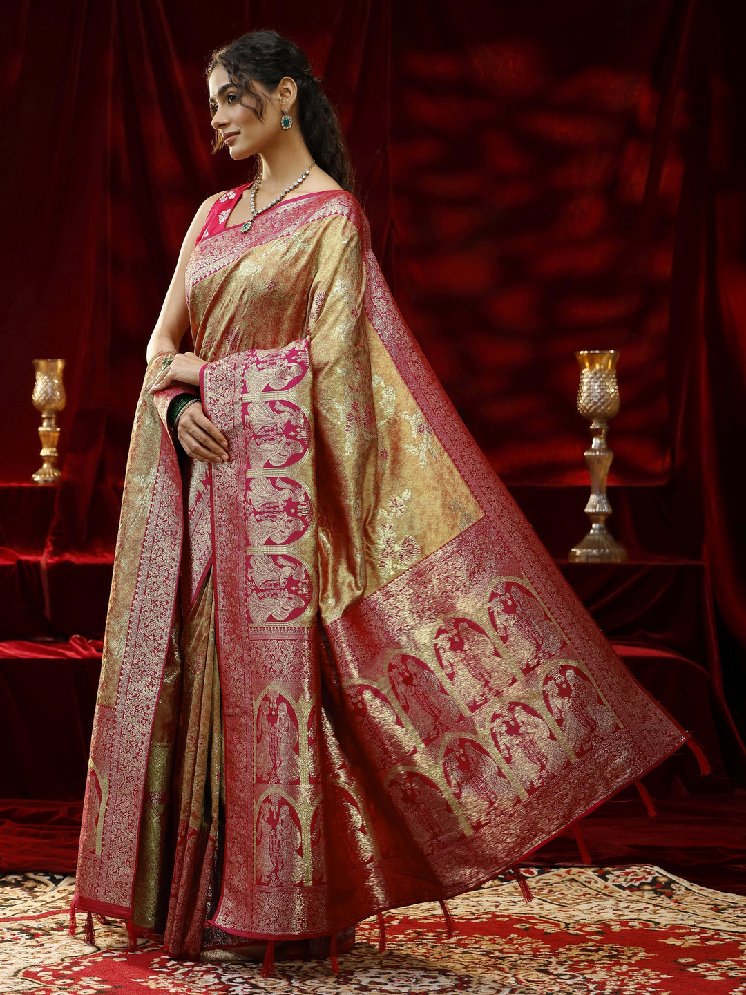  Libas Mustard Floral Woven Design Silk blend Saree with dupatta 