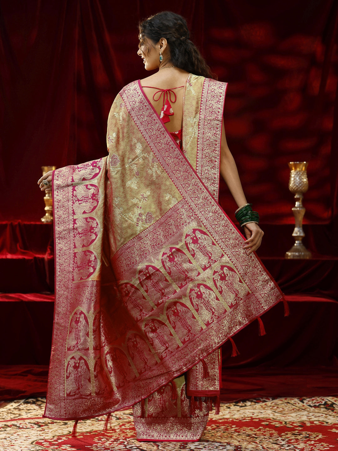  Libas Mustard Floral Woven Design Silk blend Saree with dupatta 