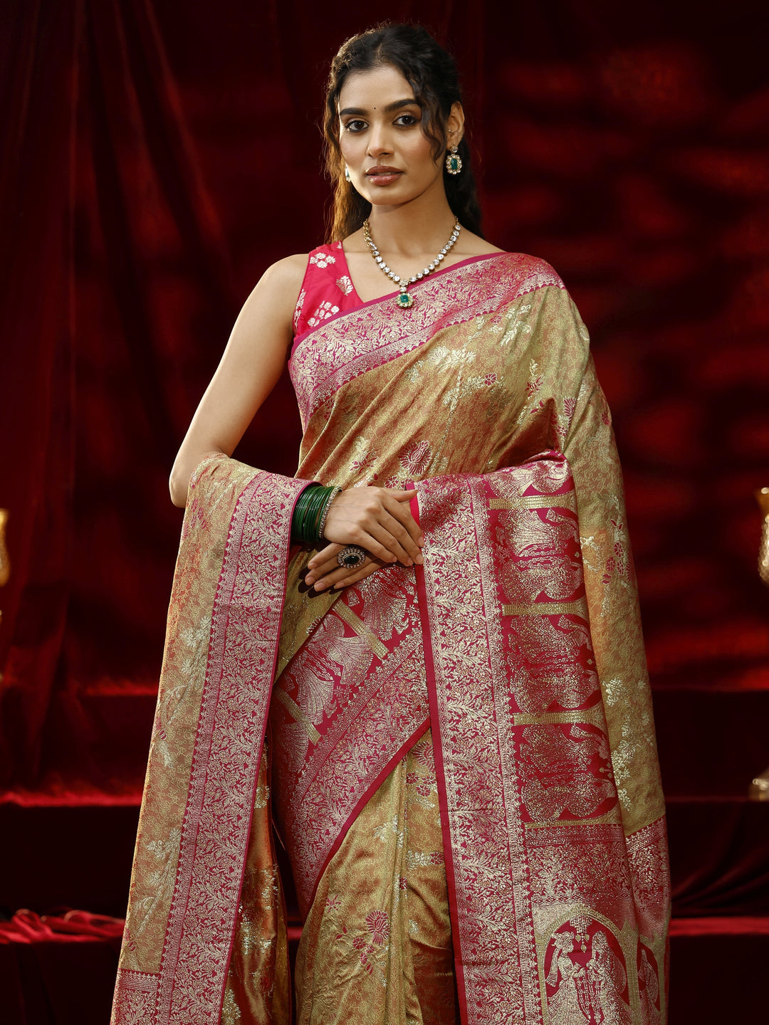  Libas Mustard Floral Woven Design Silk blend Saree with dupatta 