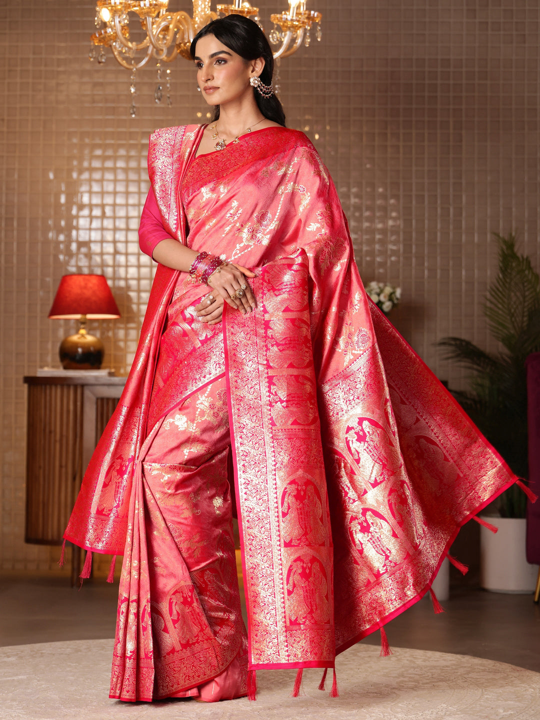  Peach Floral Woven Design Silk Blend Saree 