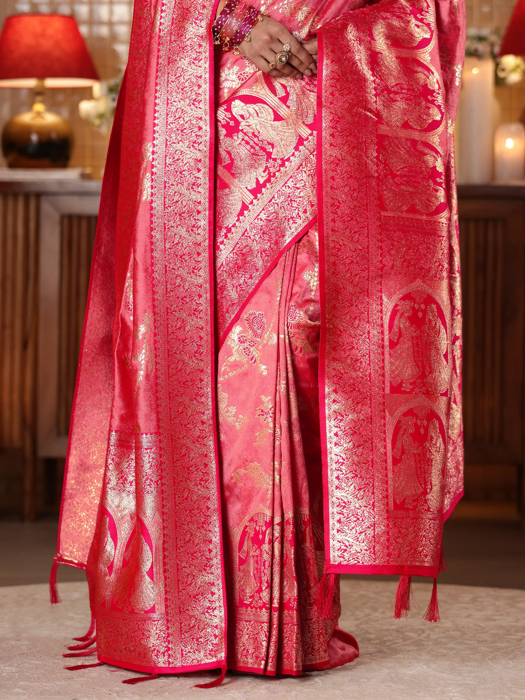  Peach Floral Woven Design Silk Blend Saree 