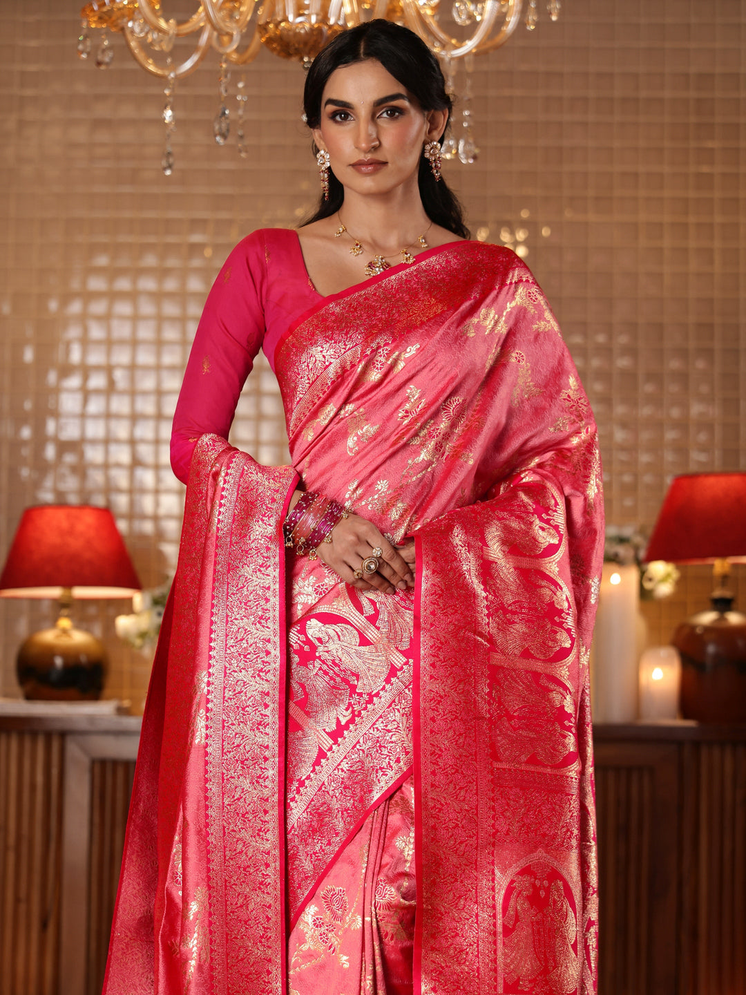  Peach Floral Woven Design Silk Blend Saree 